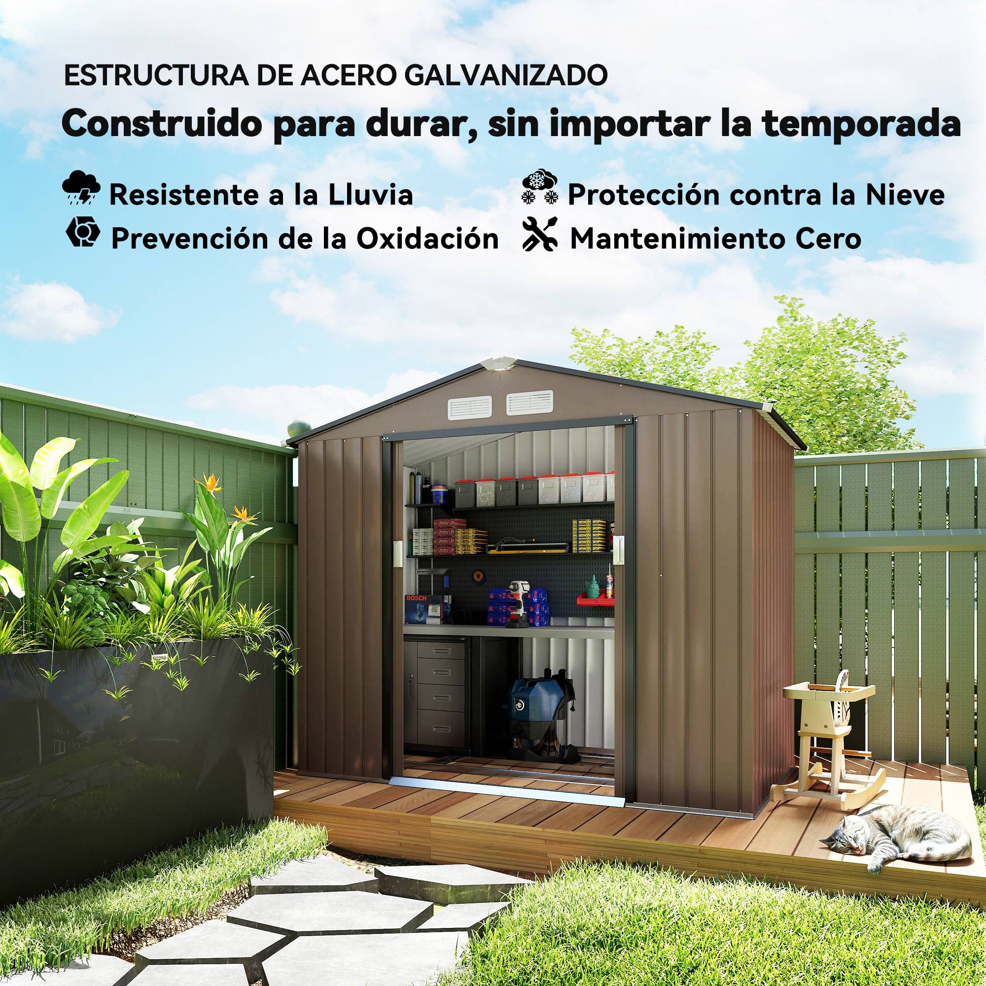 Abri de jardin acier galvanisé extérieur protection outils 213x130x185cm marron - ComfortXL Outdoor Living - Image 6