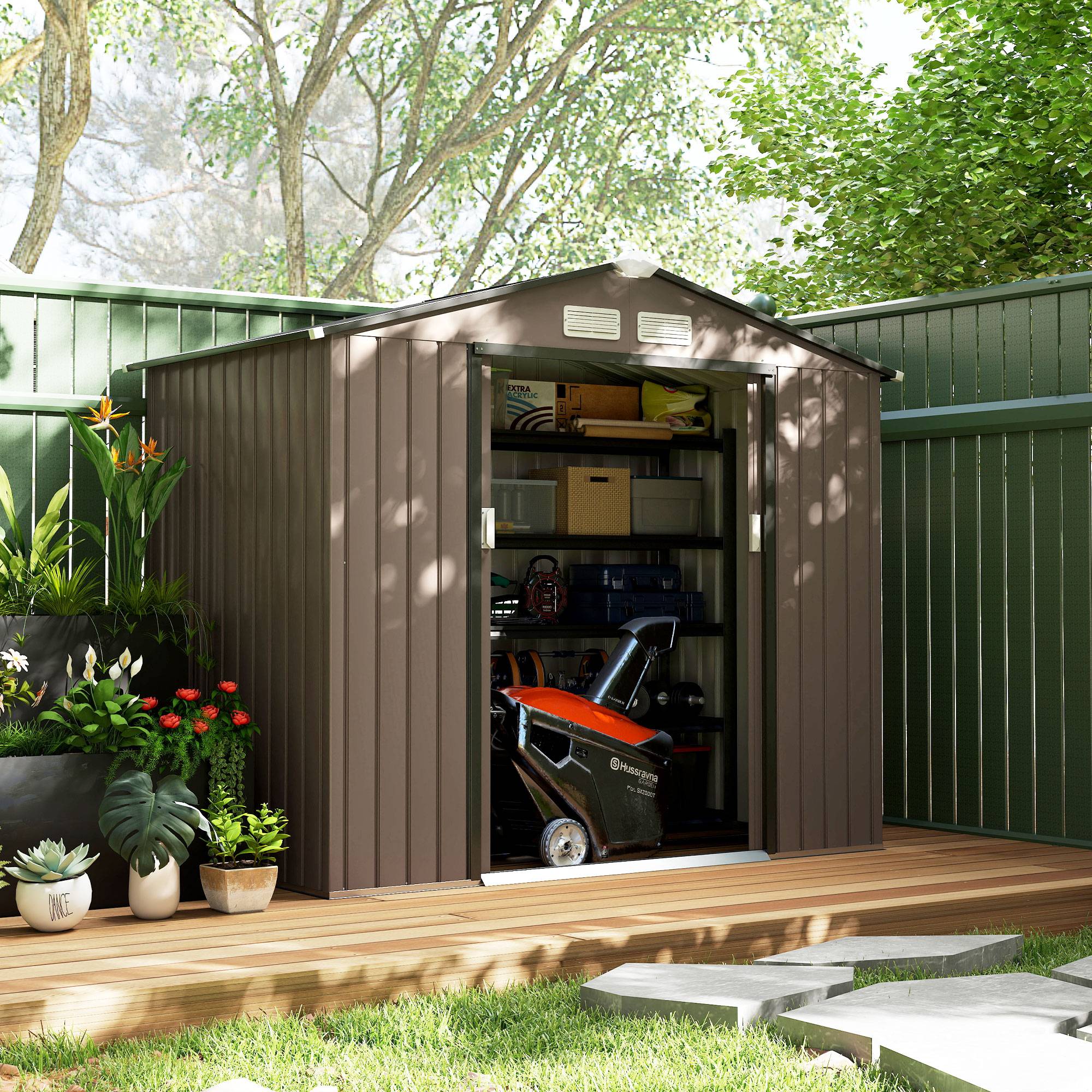 Abri de jardin acier galvanisé extérieur protection outils 213x130x185cm marron - ComfortXL Outdoor Living - Image 4