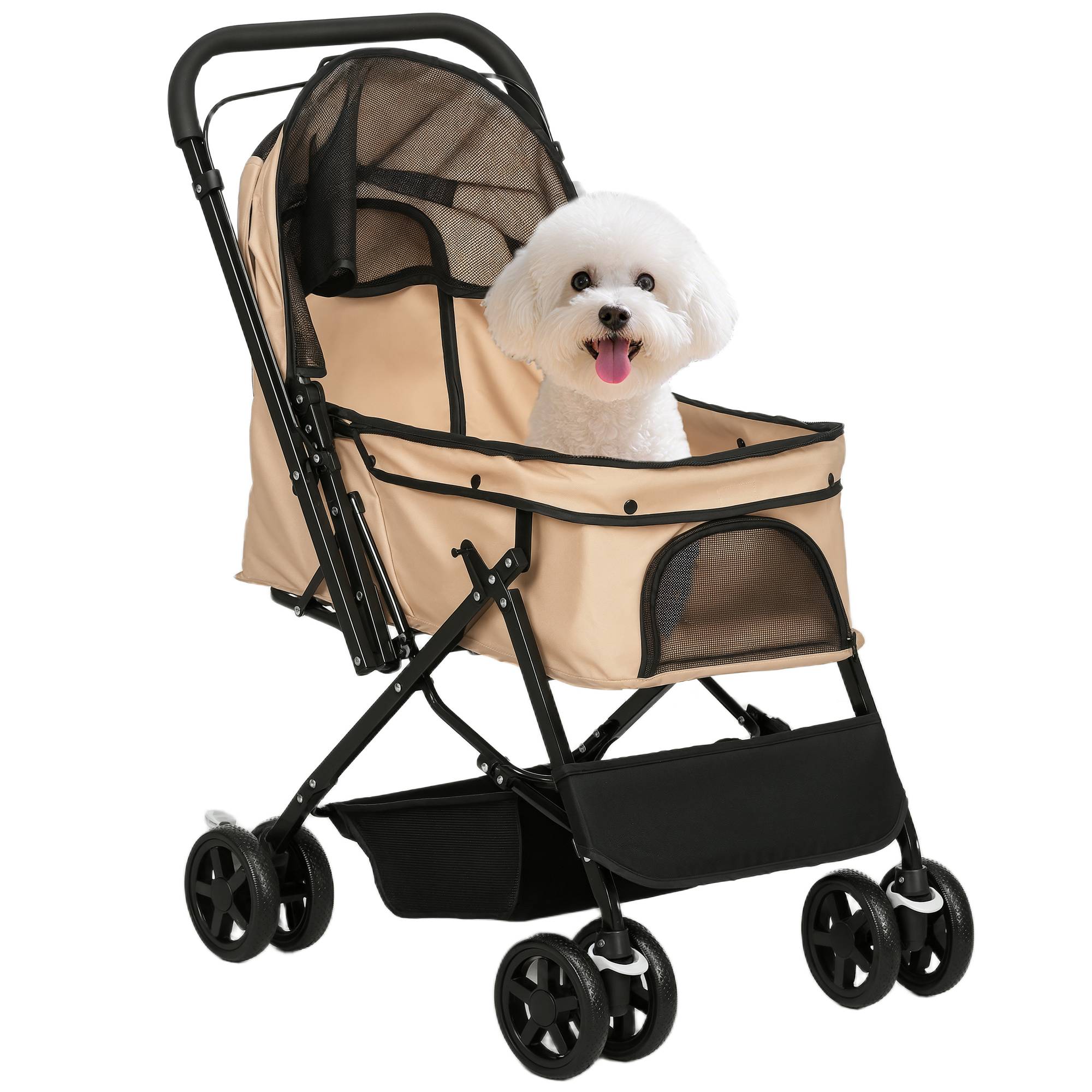 Poussette pour chien avec poignée réversible, panier de rangement et corde de sécurité, 76,5 x 52 x 95 cm, marron - Image 1