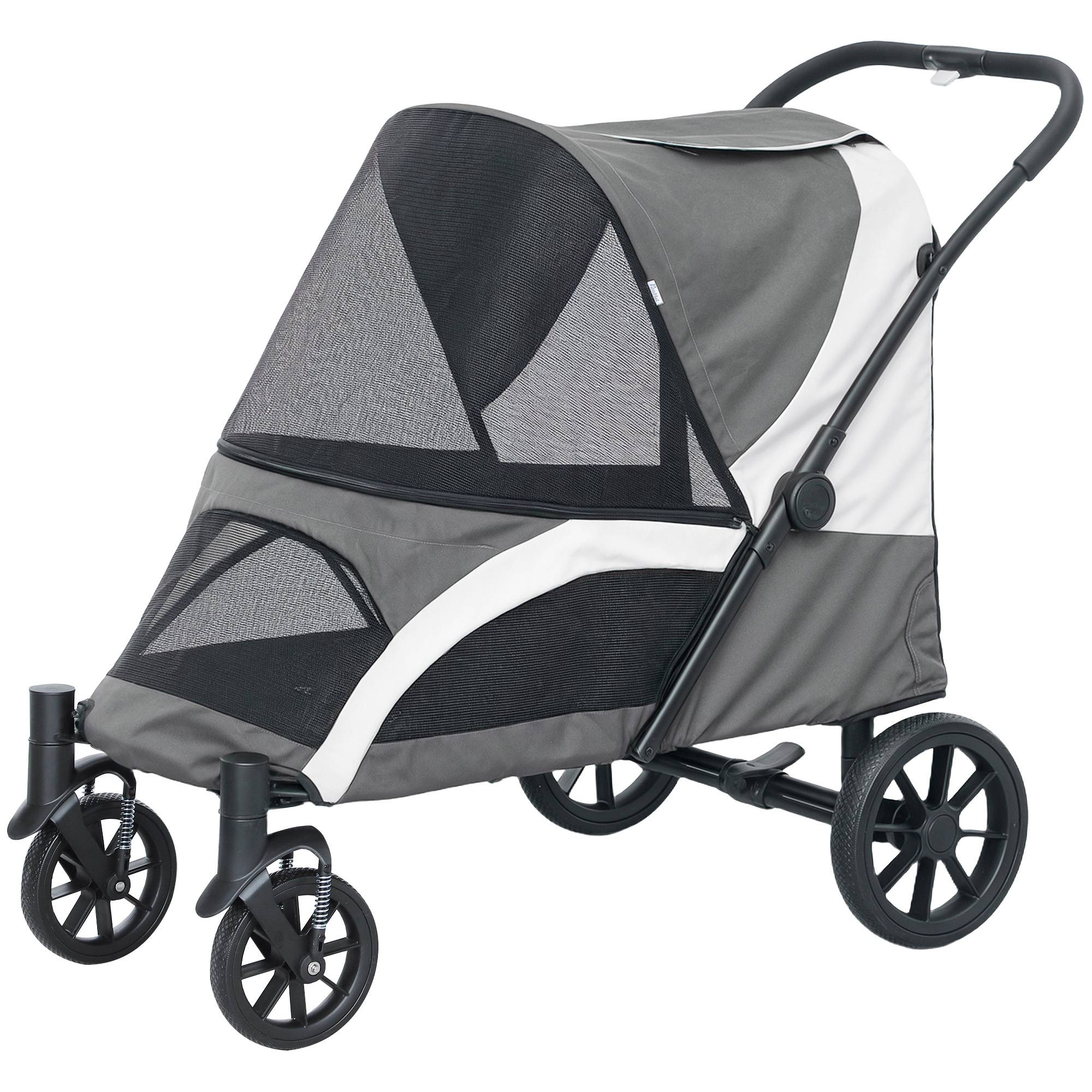 Poussette pliable pour chien avec fenêtres en filet, coussin lavable, sangles de sécurité, 124 x 67 x 100 cm, gris foncé - Image 2