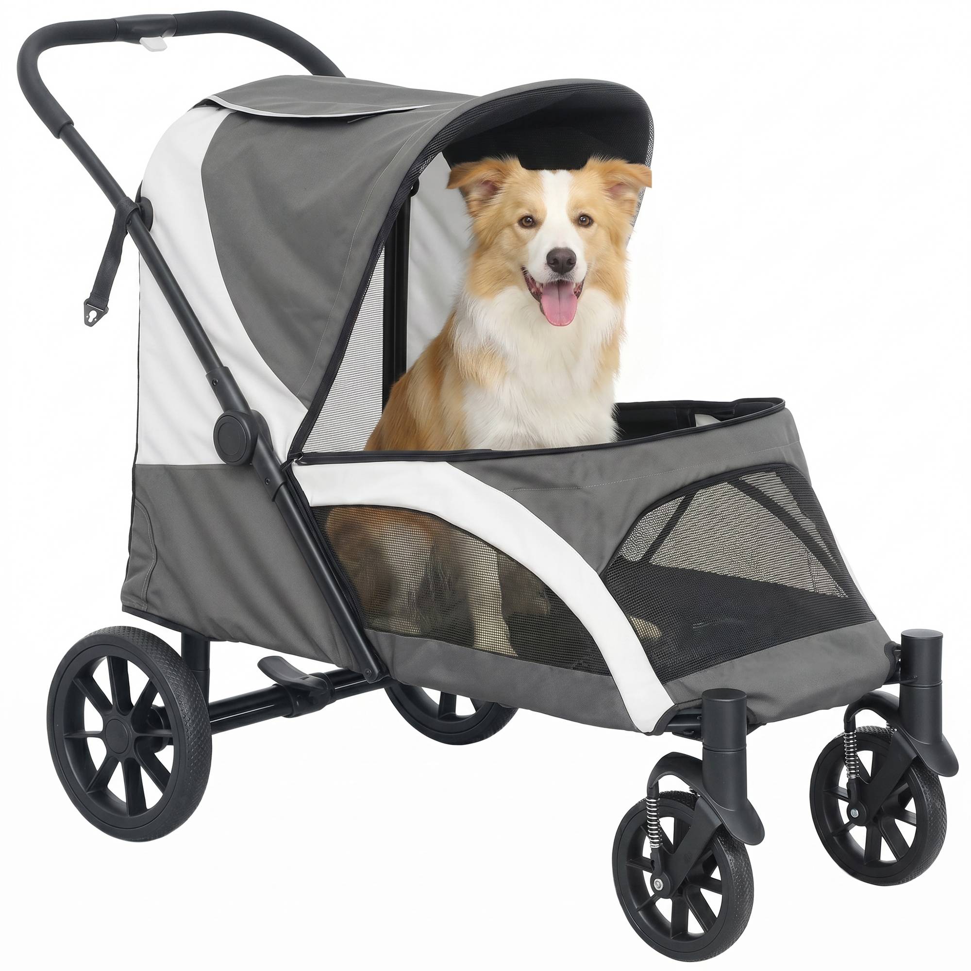 Poussette pliable pour chien avec fenêtres en filet, coussin lavable, sangles de sécurité, 124 x 67 x 100 cm, gris foncé - Image 1