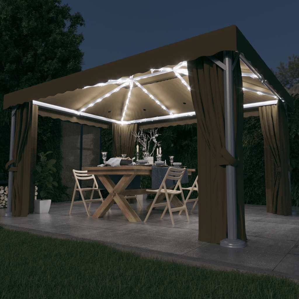 Abri de Jardin Aluminium avec Rideaux Moustiquaires et Lumières LED Énergie Solaire Taupe 4x3 m – ComfortXL Outdoor Living - Image 1