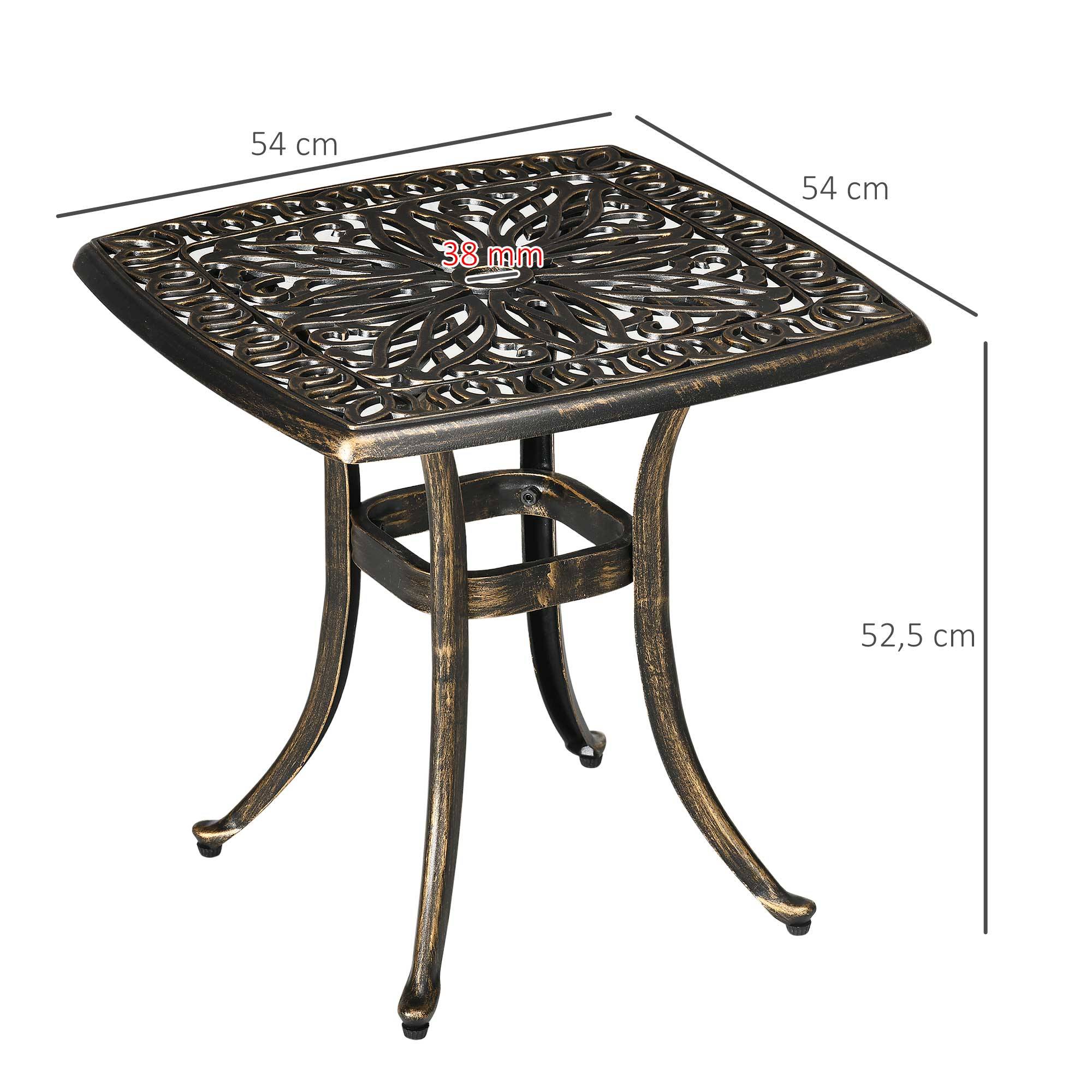 Table de jardin décorative de style vintage, avec trou pour parasol, en aluminium moulé, couleur bronze, 54 x 54 x 52,5 cm - Image 5