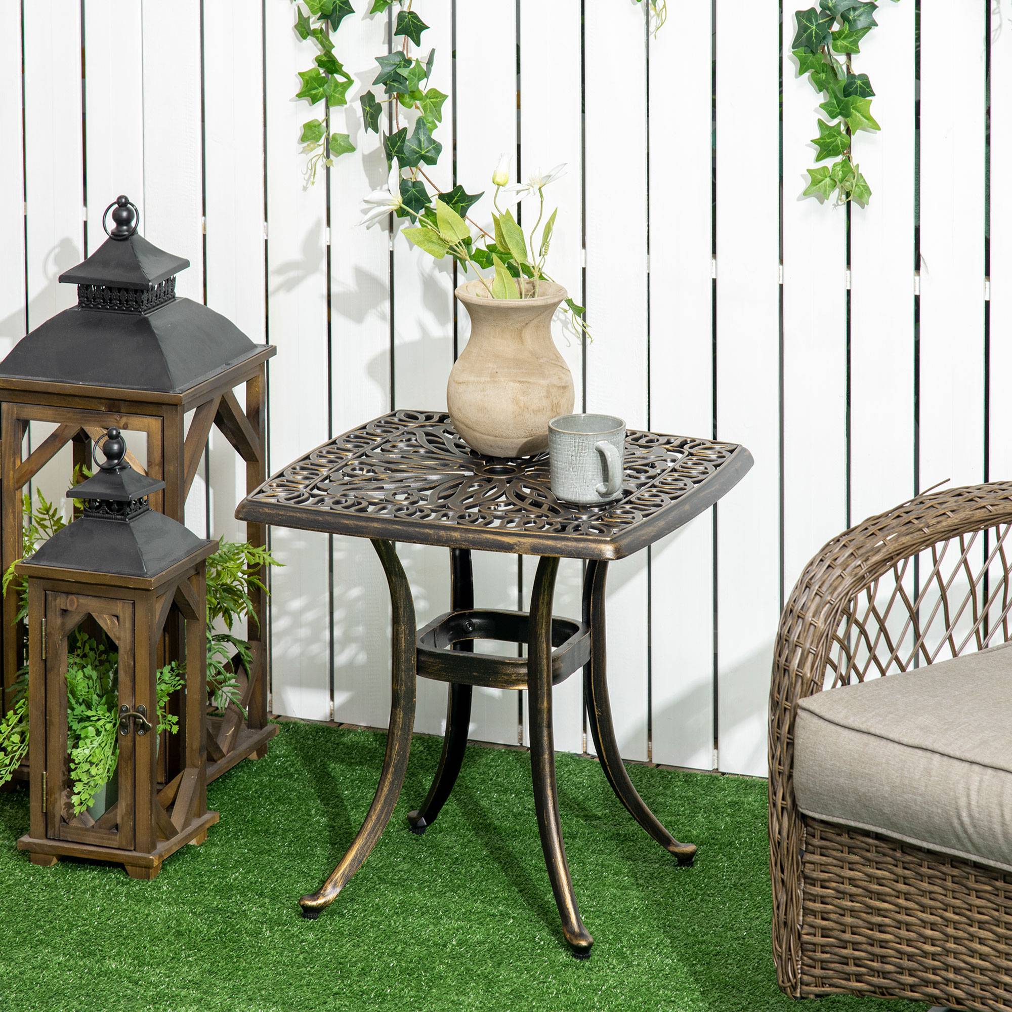 Table de jardin décorative de style vintage, avec trou pour parasol, en aluminium moulé, couleur bronze, 54 x 54 x 52,5 cm - Image 3