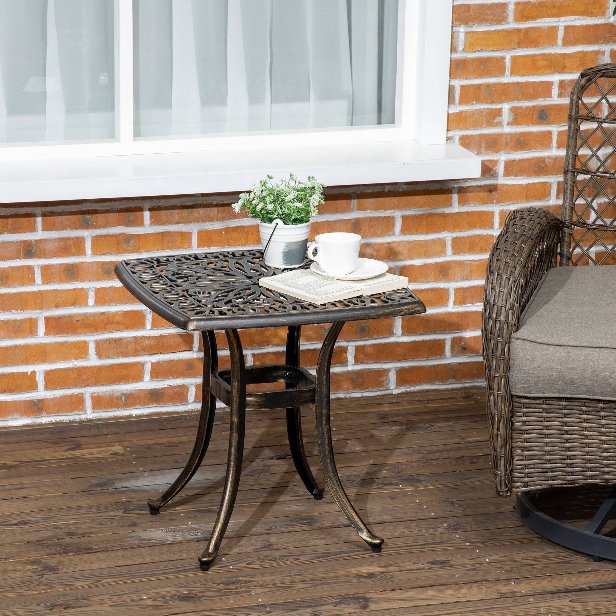 Table de jardin décorative de style vintage, avec trou pour parasol, en aluminium moulé, couleur bronze, 54 x 54 x 52,5 cm - Image 4