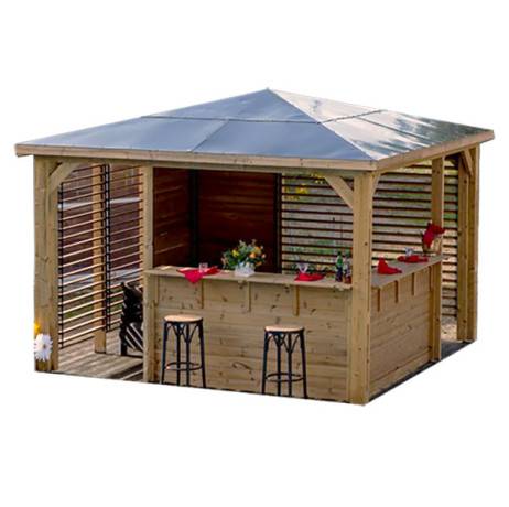 Pool house BLUETERM en bois massif traité très haute température 2 parois avec ventelles et 2 parois avec comptoirs / Très belle finition bois - Image 1