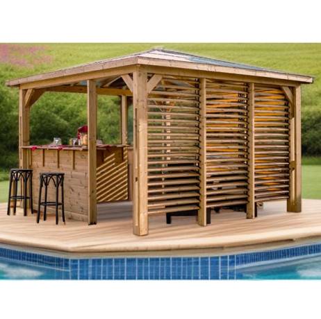 Pool house BLUETERM en bois massif traité très haute température 2 parois avec ventelles et 2 parois avec comptoirs / Très belle finition bois - Image 4