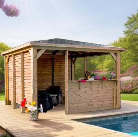 Pool house BLUETERM  en bois massif traité très haute température  2 parois avec ventelles et 2 parois avec comptoirs / Très belle finition bois - Image 3