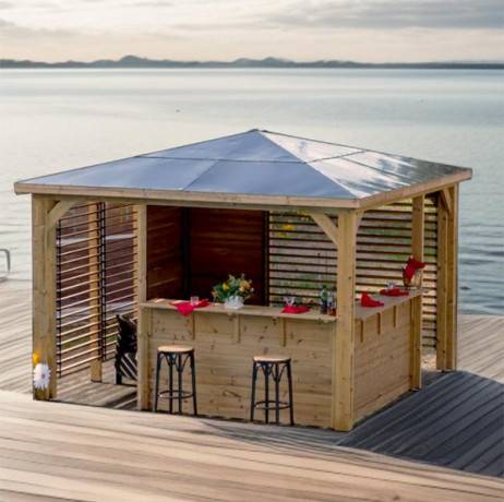 Pool house BLUETERM en bois massif traité très haute température 2 parois avec ventelles et 2 parois avec comptoirs / Très belle finition bois - Image 2