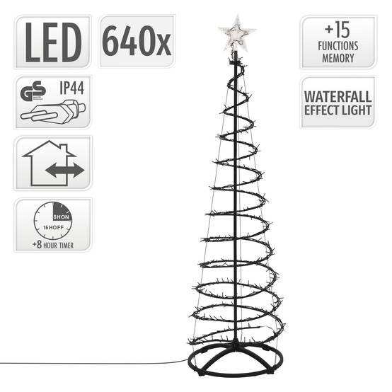 Ecd-Germany - Sapin de noël spirale LED 180 cm avec étoile cône lumineux effet cascade 15 modes de lumière minuterie et 640 LEDs blanc chaud pour maison jardin IP44 - Image 3