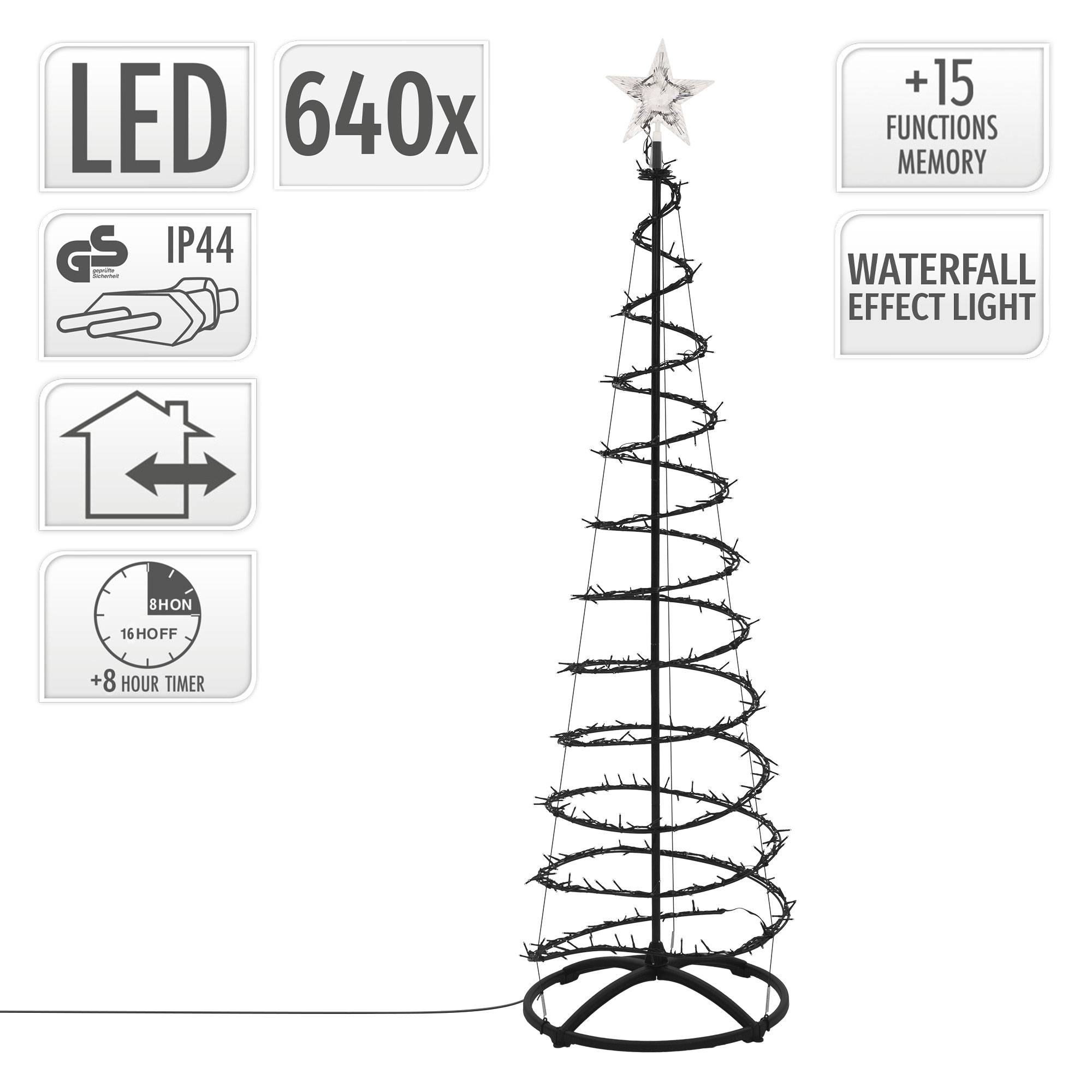 Ecd-Germany - Sapin de noël spirale LED 180 cm avec étoile cône lumineux effet cascade 15 modes de lumière minuterie et 640 LEDs blanc chaud pour maison jardin IP44 - Image 3