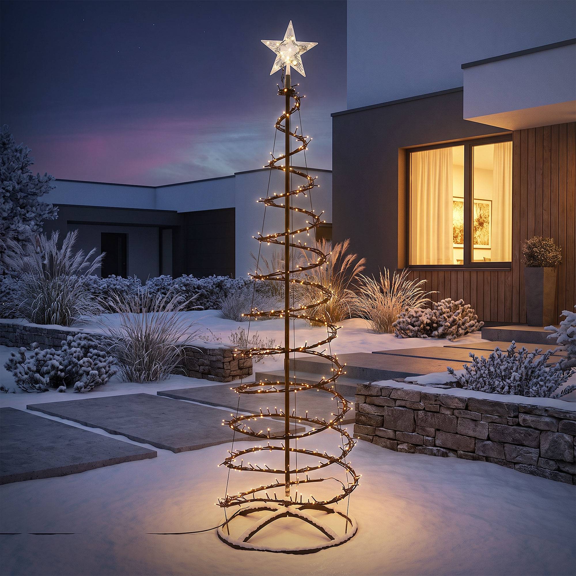 Ecd-Germany - Sapin de noël spirale LED 180 cm avec étoile cône lumineux effet cascade 15 modes de lumière minuterie et 640 LEDs blanc chaud pour maison jardin IP44 - Image 1