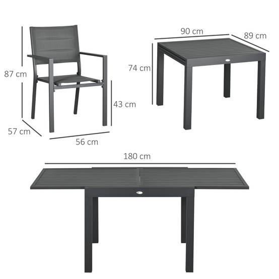 Salon de jardin en aluminium et textilène table extensible 90 à 180 cm 6 chaises empilables 4/6 personnes gris - Image 5