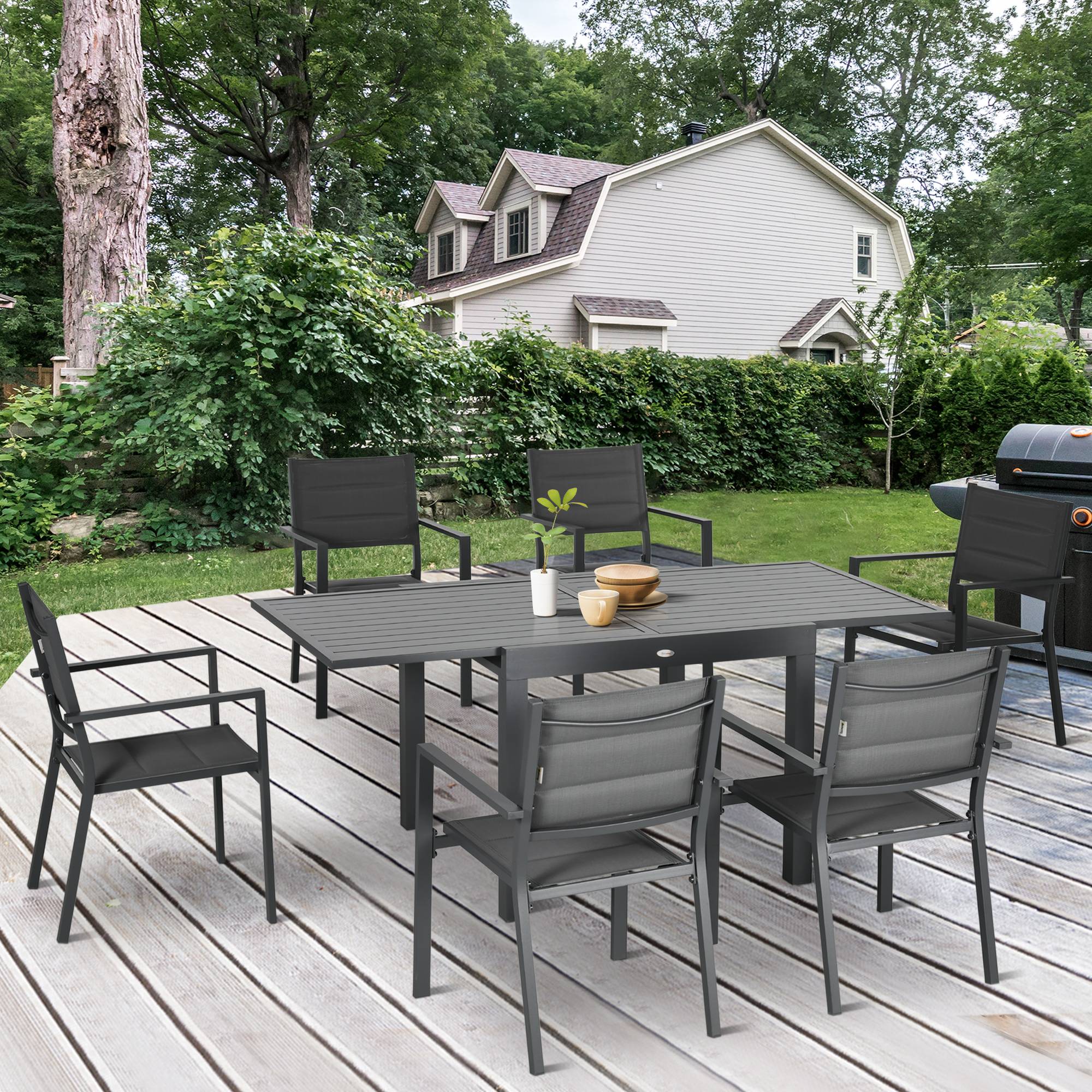 Salon de jardin en aluminium et textilène table extensible 90 à 180 cm 6 chaises empilables 4/6 personnes gris - Image 4