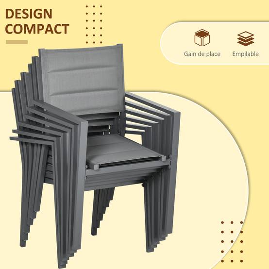 Salon de jardin en aluminium et textilène table extensible 90 à 180 cm 6 chaises empilables 4/6 personnes gris - Image 7