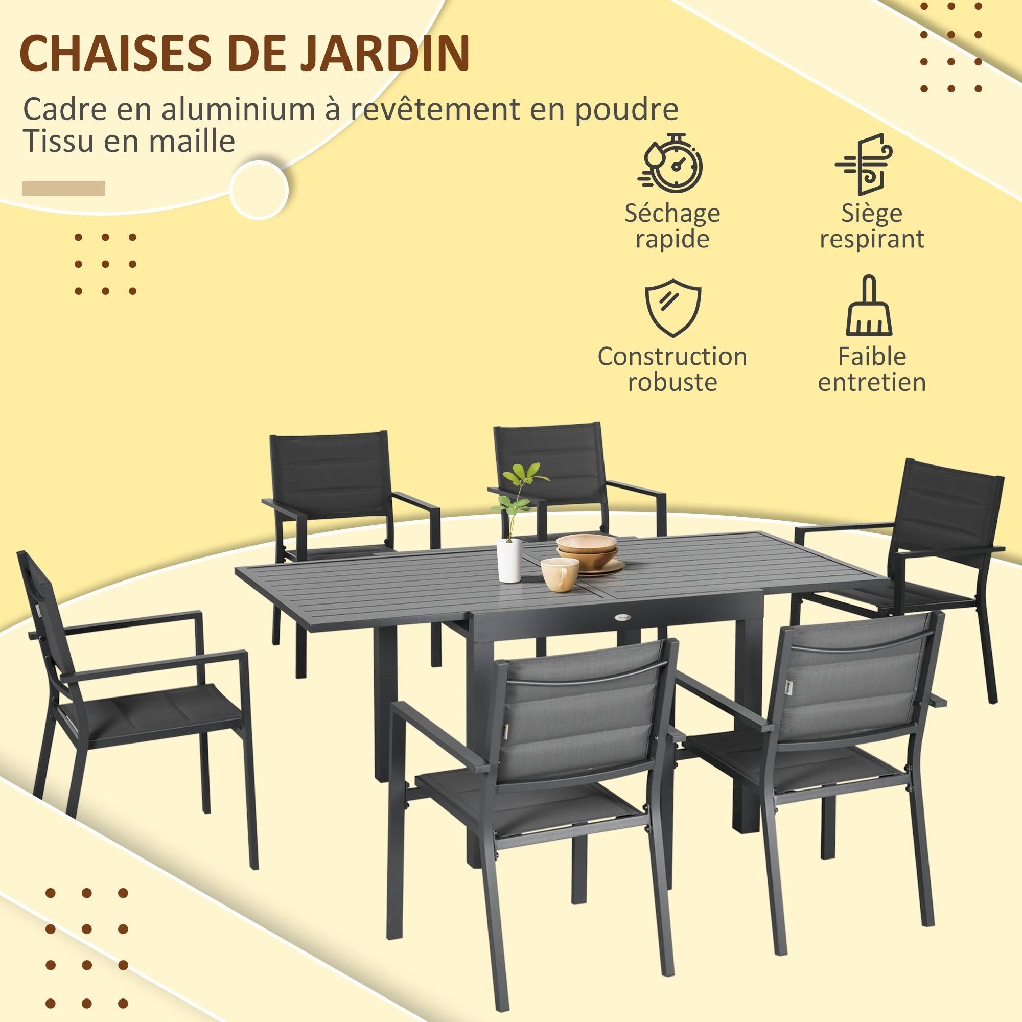 Salon de jardin en aluminium et textilène table extensible 90 à 180 cm 6 chaises empilables 4/6 personnes gris - Image 8