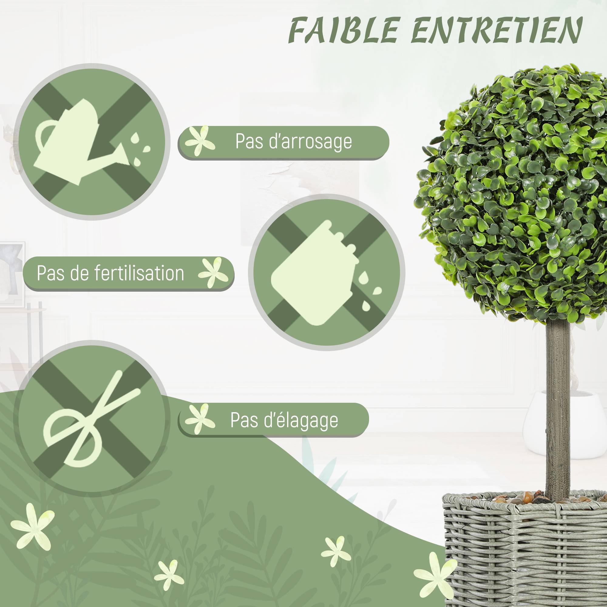 Lot de 2 plantes artificielles décoratives, boules de buis artificiel 50 cm avec pot en plastique tressé et galets, vert - Image 8