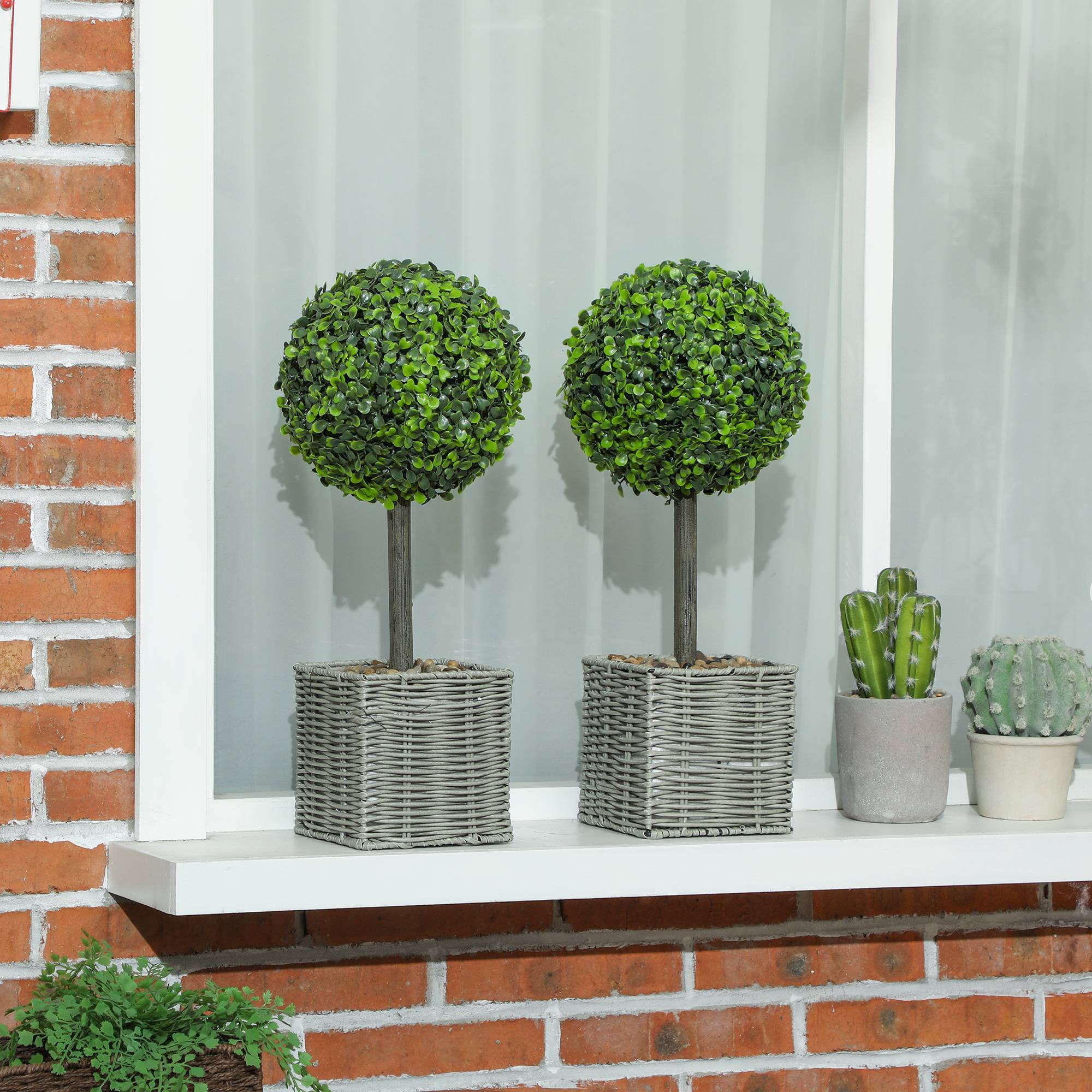Lot de 2 plantes artificielles décoratives, boules de buis artificiel 50 cm avec pot en plastique tressé et galets, vert - Image 3