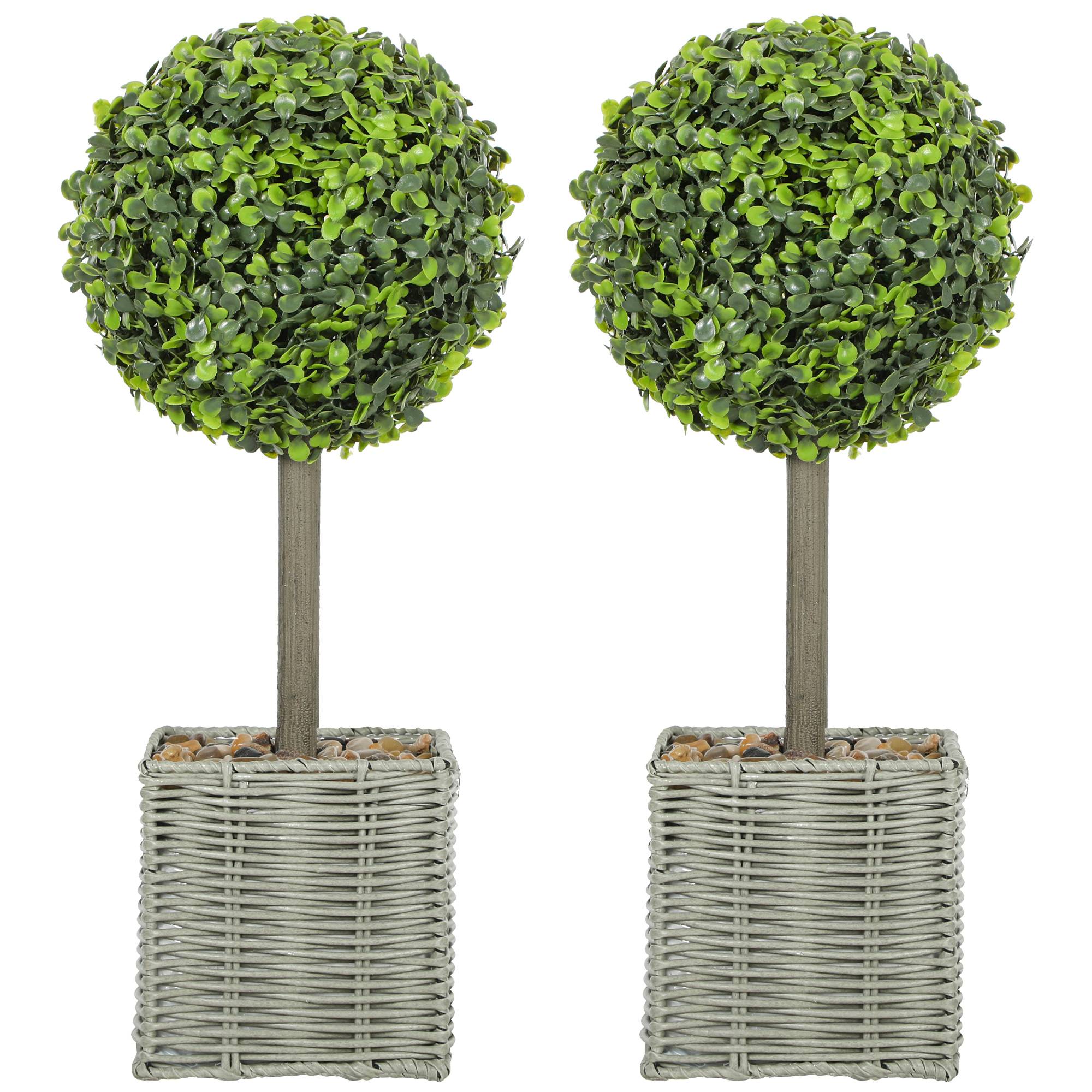Lot de 2 plantes artificielles décoratives, boules de buis artificiel 50 cm avec pot en plastique tressé et galets, vert - Image 1