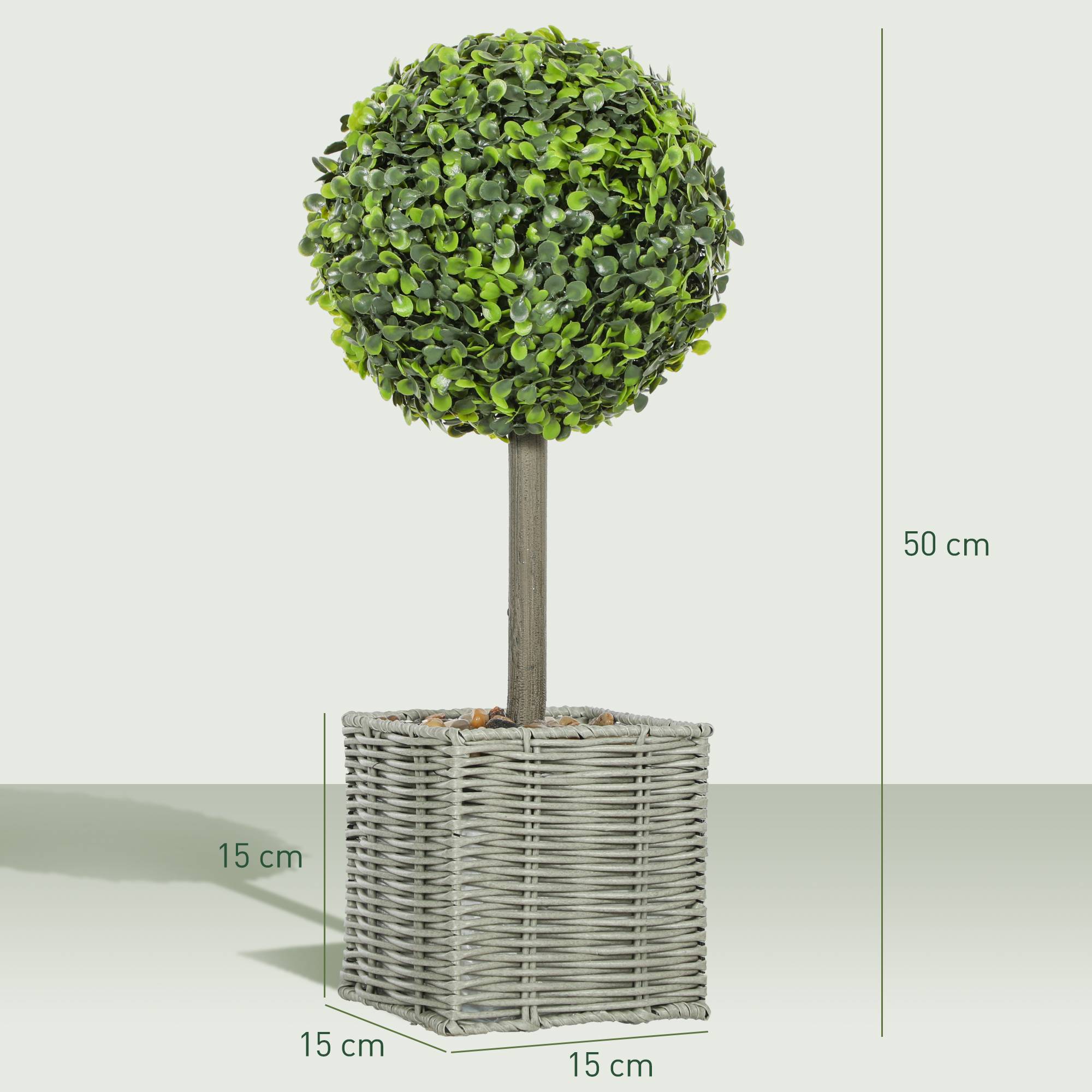 Lot de 2 plantes artificielles décoratives, boules de buis artificiel 50 cm avec pot en plastique tressé et galets, vert - Image 5