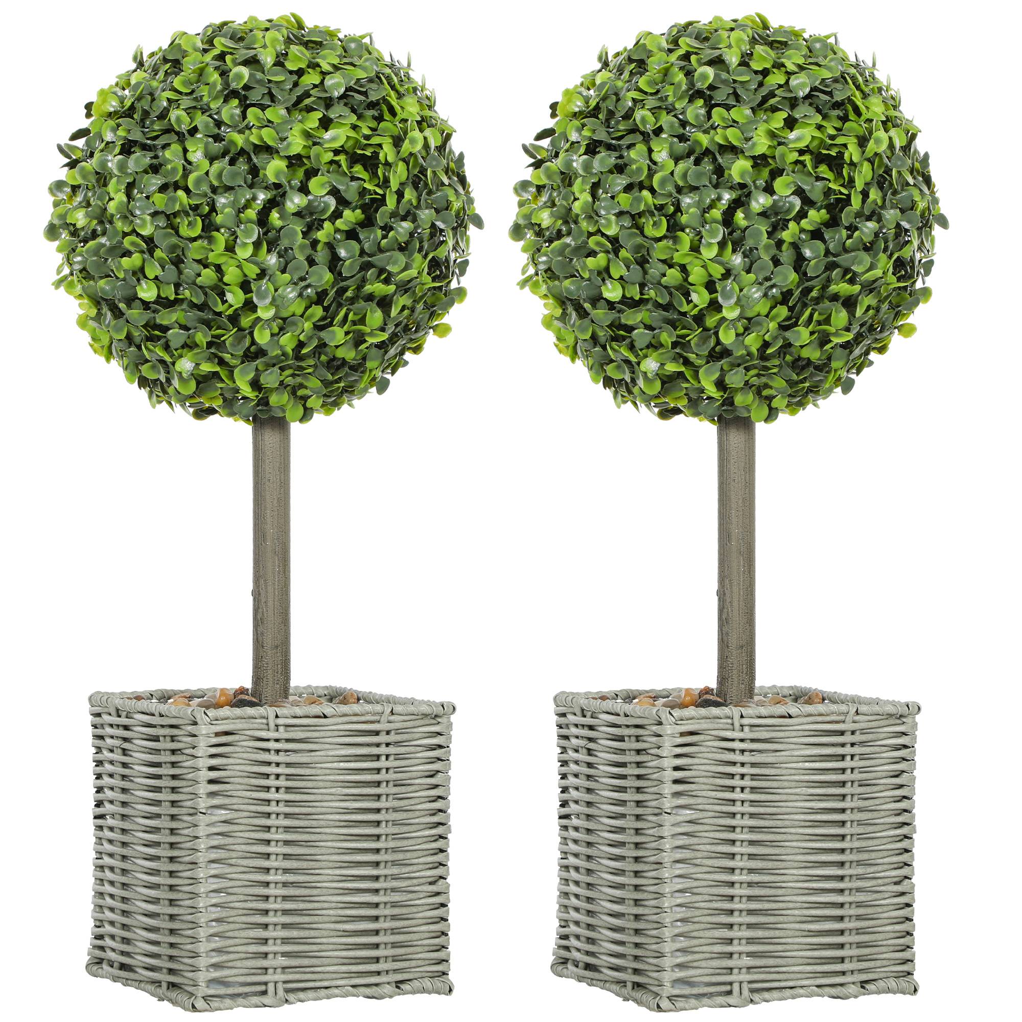 Lot de 2 plantes artificielles décoratives, boules de buis artificiel 50 cm avec pot en plastique tressé et galets, vert - Image 2