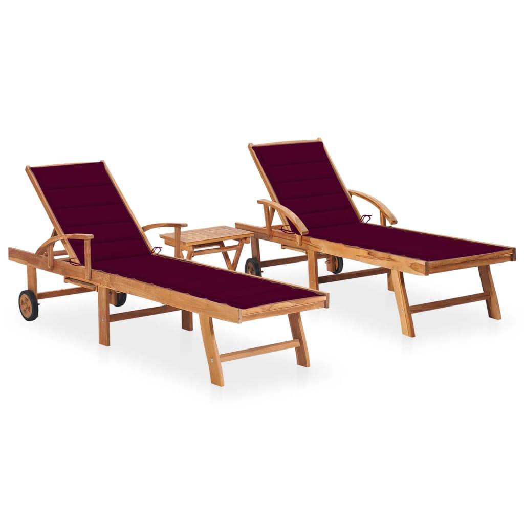 Helloshop26 - Lot de 2 transats chaise longue bain de soleil lit de jardin terrasse meuble d'extérieur avec table et coussin bois de teck solide - Image 1