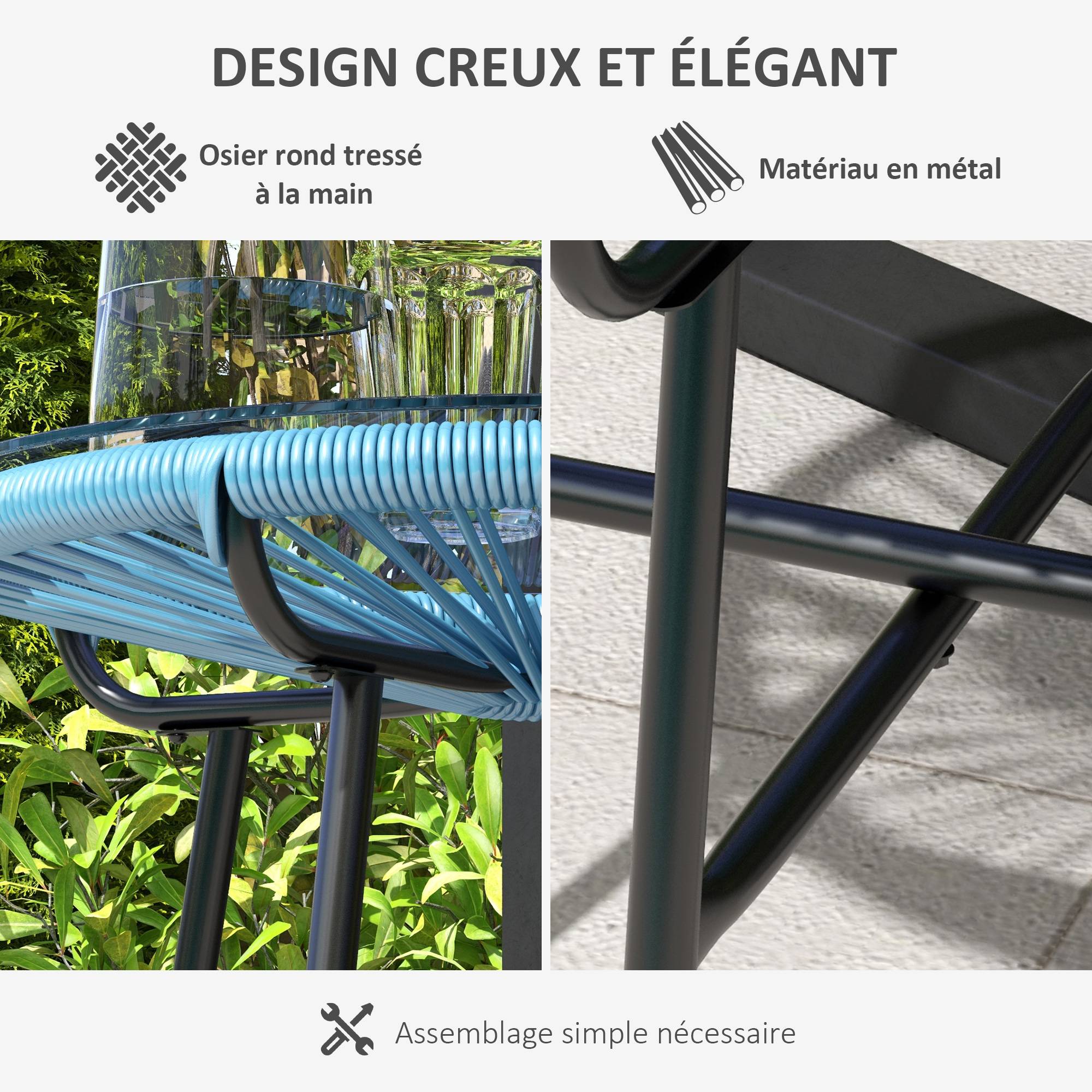 Sans Marque - Table basse ronde de jardin en résine aspect rotin métal et plateau verre trempé Ø 50 x 50H cm - Image 7