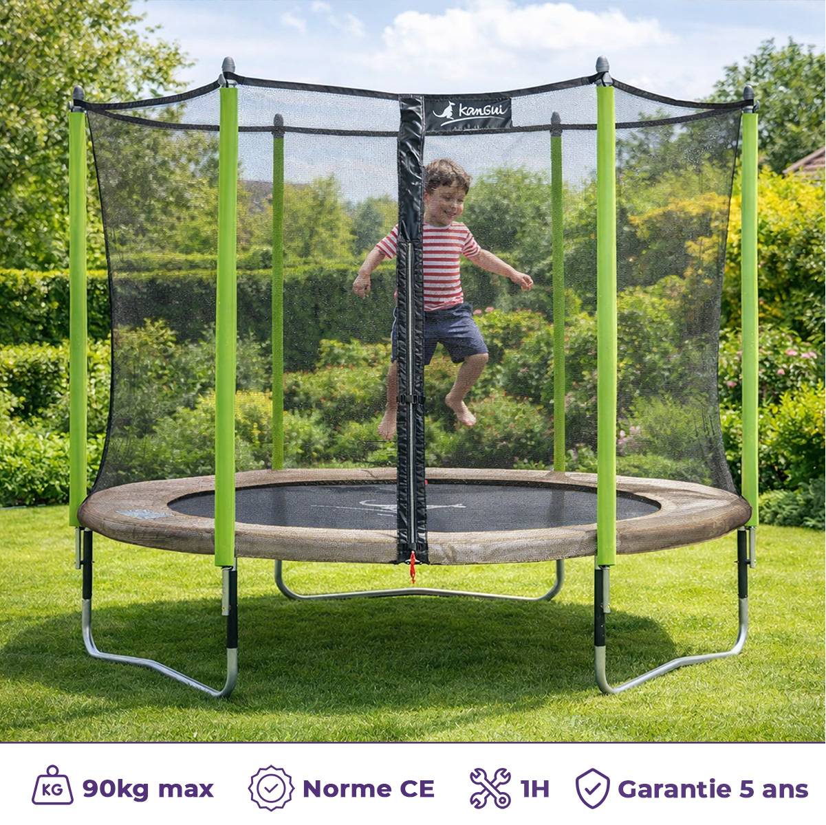 Kangui - Trampoline jardin Ø 300 cm + filet + échelle + bâche - JUMPI 300 - Taupe/Vert Kangui - Image 2