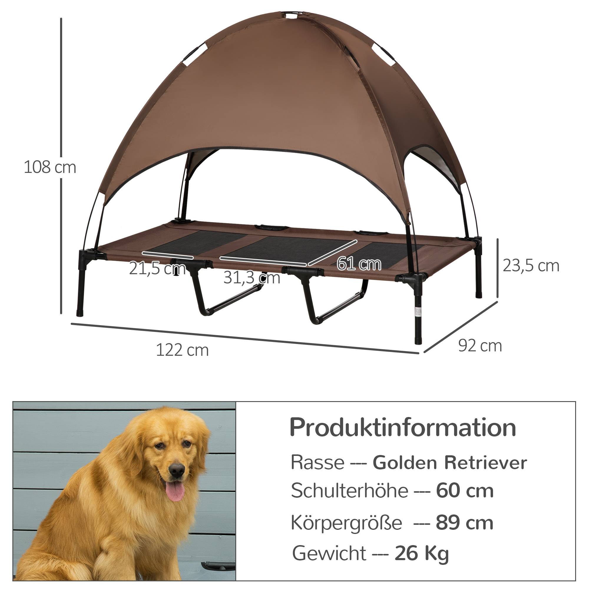 Lit pour chien avec toit acier et tissu marron 122 x 92 x 108 cm - PANGIVO - Image 5