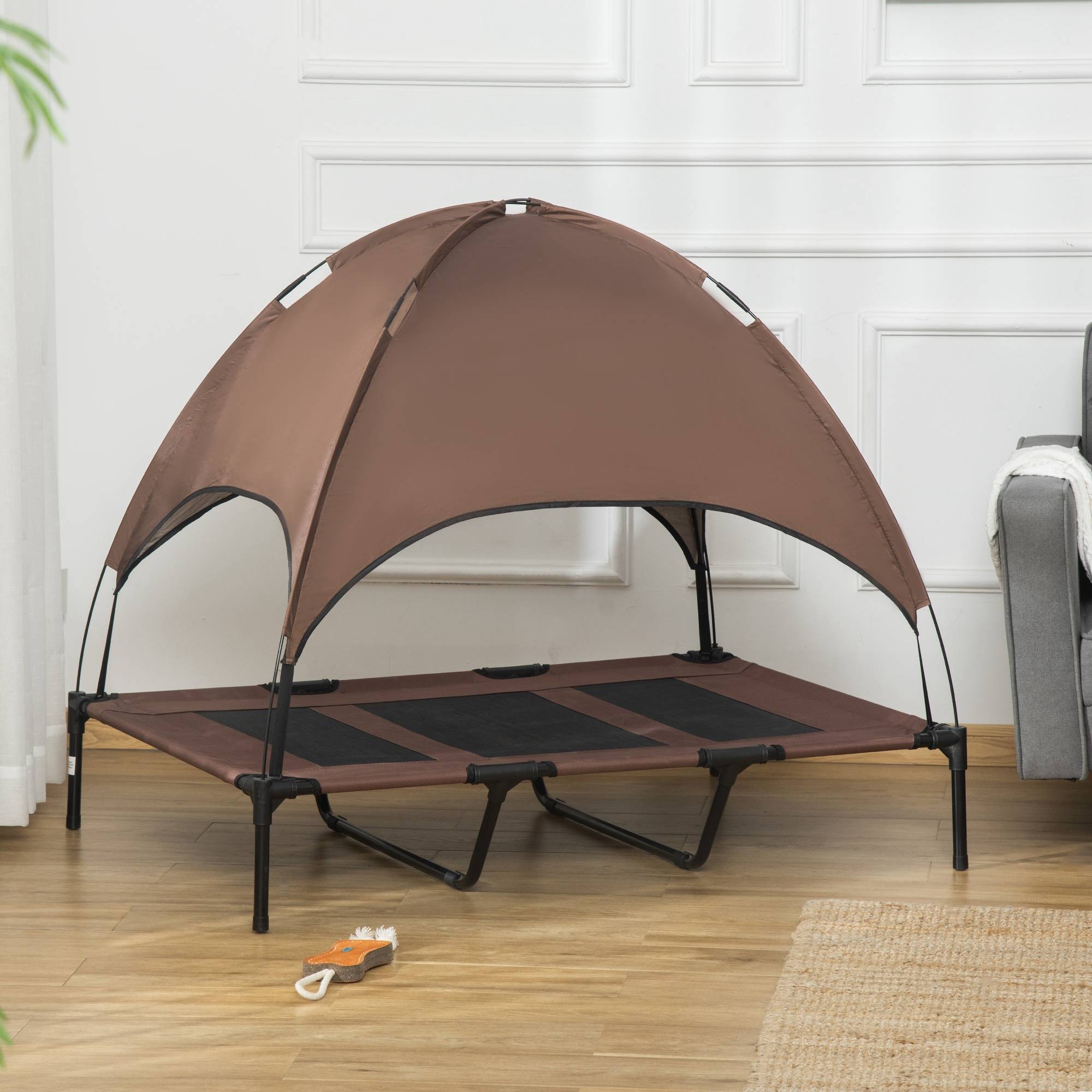 Lit pour chien avec toit acier et tissu marron 122 x 92 x 108 cm - PANGIVO - Image 4