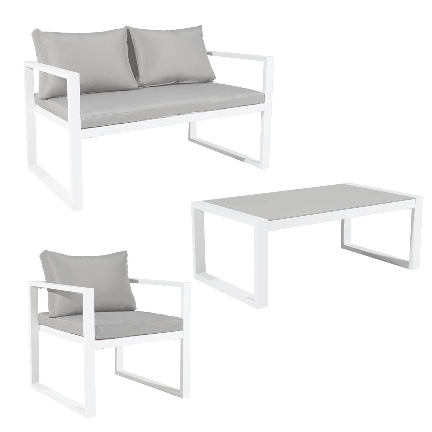 Salon de jardin IBIZA en tissu gris 4 places - aluminium blanc - HAPPY GARDEN - Image 9