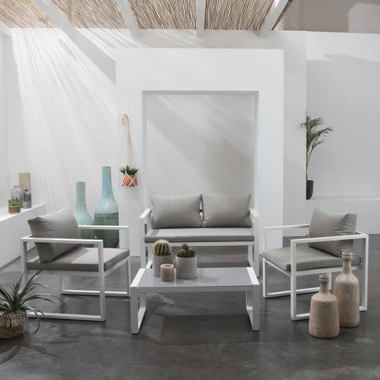 Salon de jardin IBIZA en tissu gris 4 places - aluminium blanc - HAPPY GARDEN - Image 2