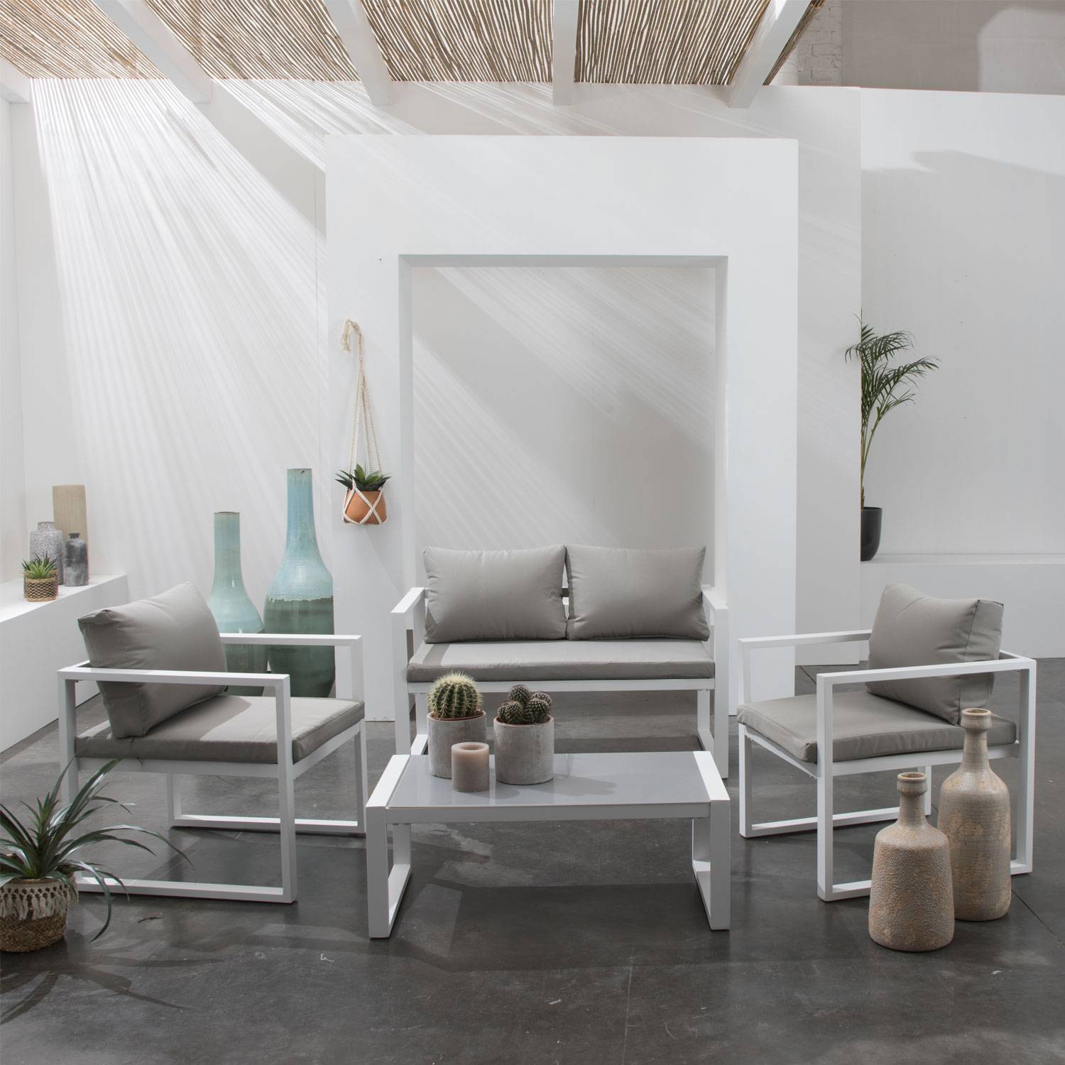 Salon de jardin IBIZA en tissu gris 4 places - aluminium blanc - HAPPY GARDEN - Image 7