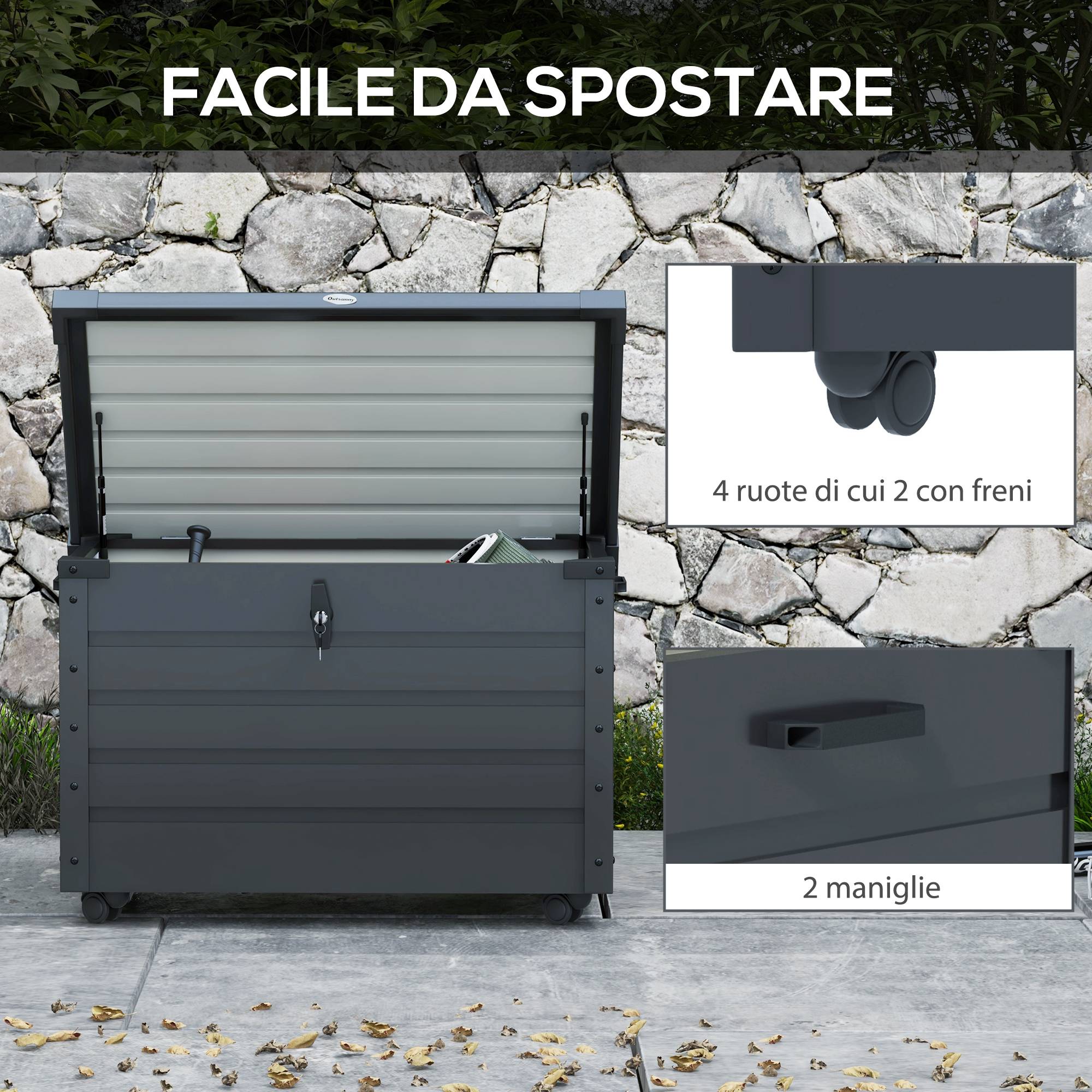 ComfortXL - Coffre de rangement 295L en acier galvanisé pour jardin avec vérin et roulettes Gris - ComfortXL Outdoor Living - Image 6