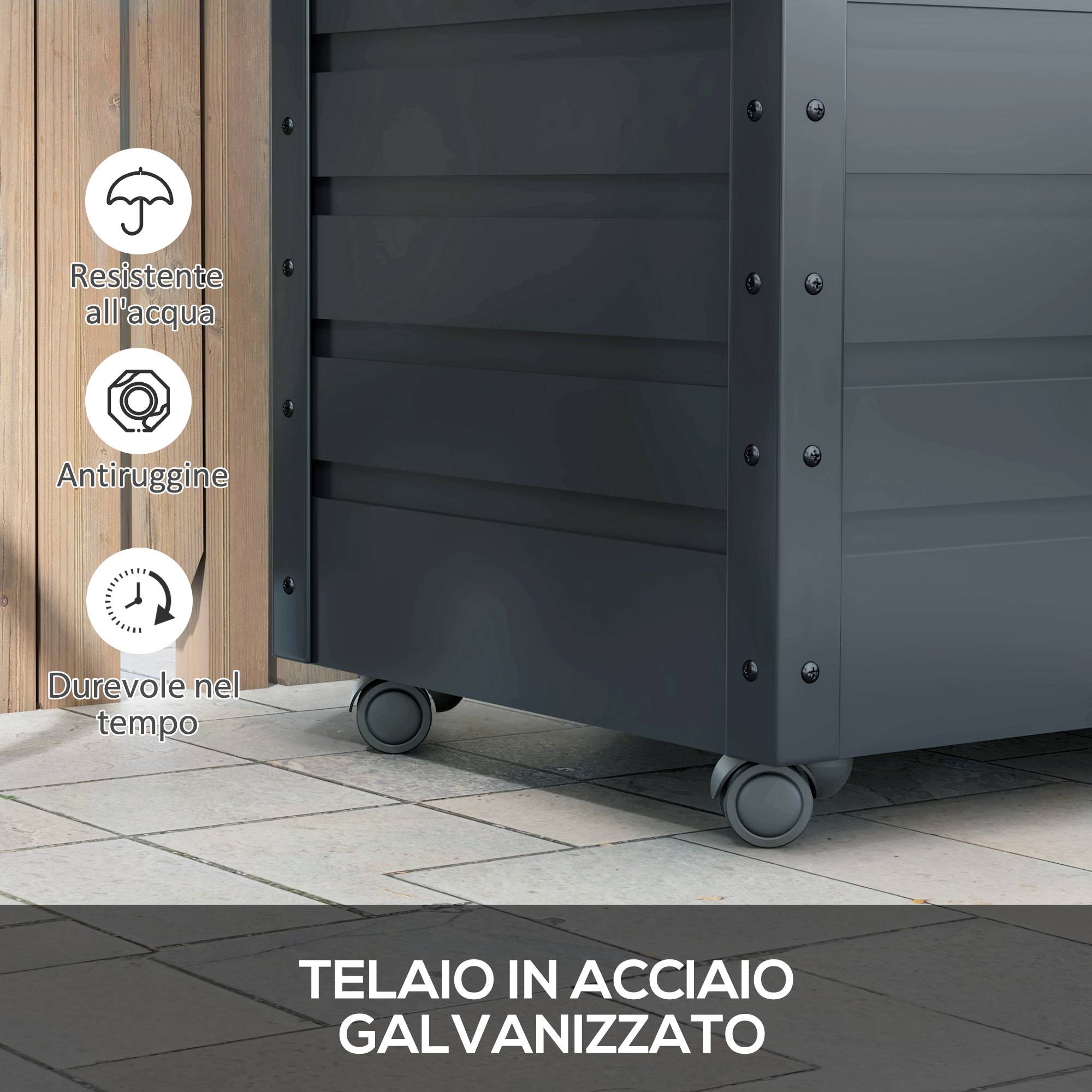 ComfortXL - Coffre de rangement 295L en acier galvanisé pour jardin avec vérin et roulettes Gris - ComfortXL Outdoor Living - Image 7