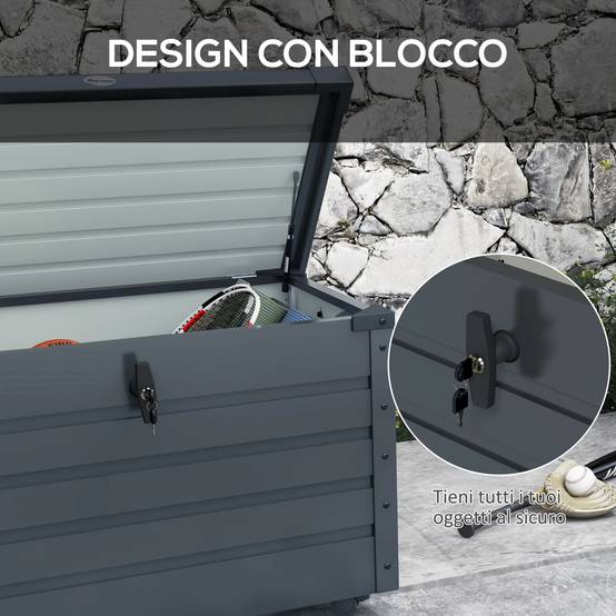 ComfortXL - Coffre de rangement 295L en acier galvanisé pour jardin avec vérin et roulettes Gris - ComfortXL Outdoor Living - Image 9
