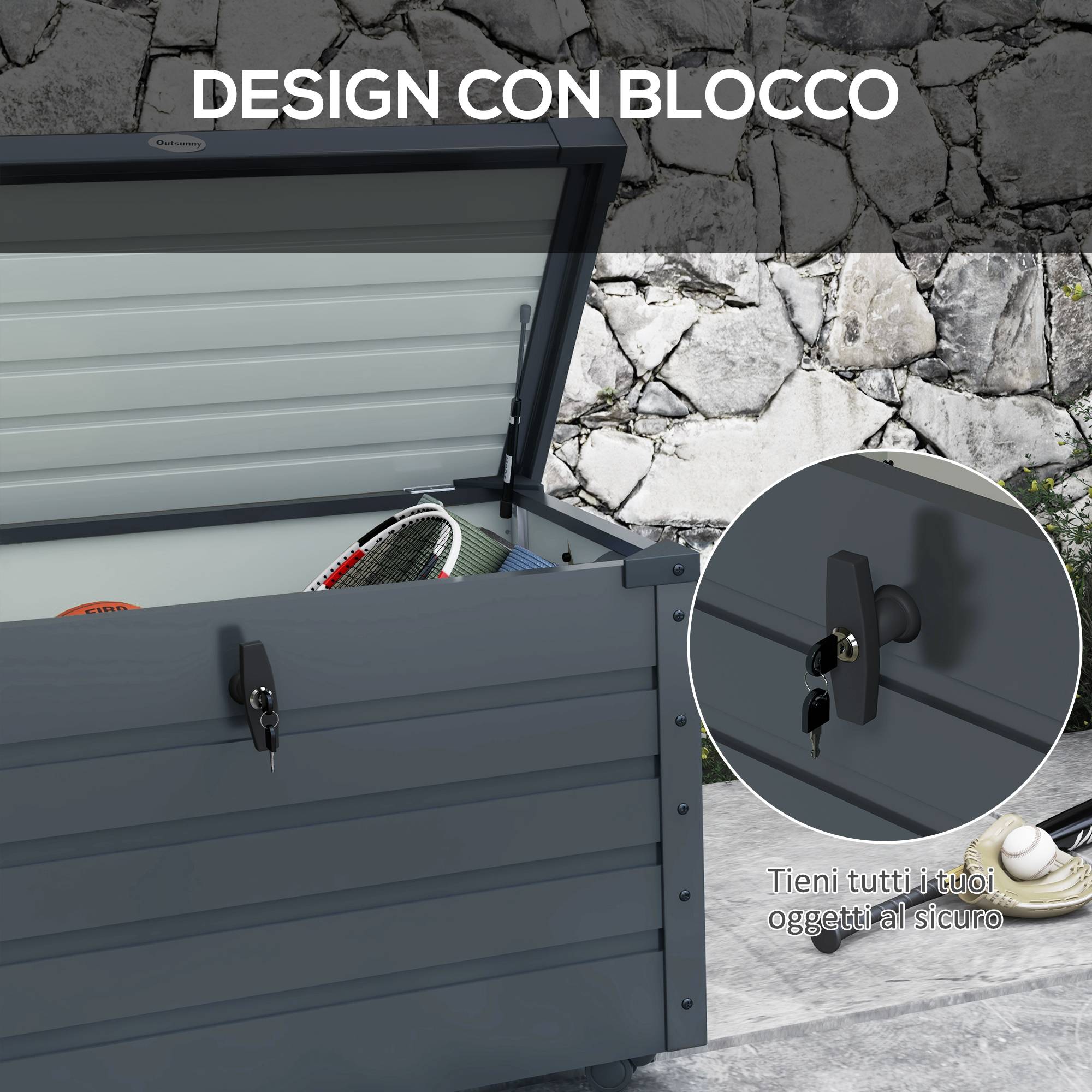 ComfortXL - Coffre de rangement 295L en acier galvanisé pour jardin avec vérin et roulettes Gris - ComfortXL Outdoor Living - Image 9