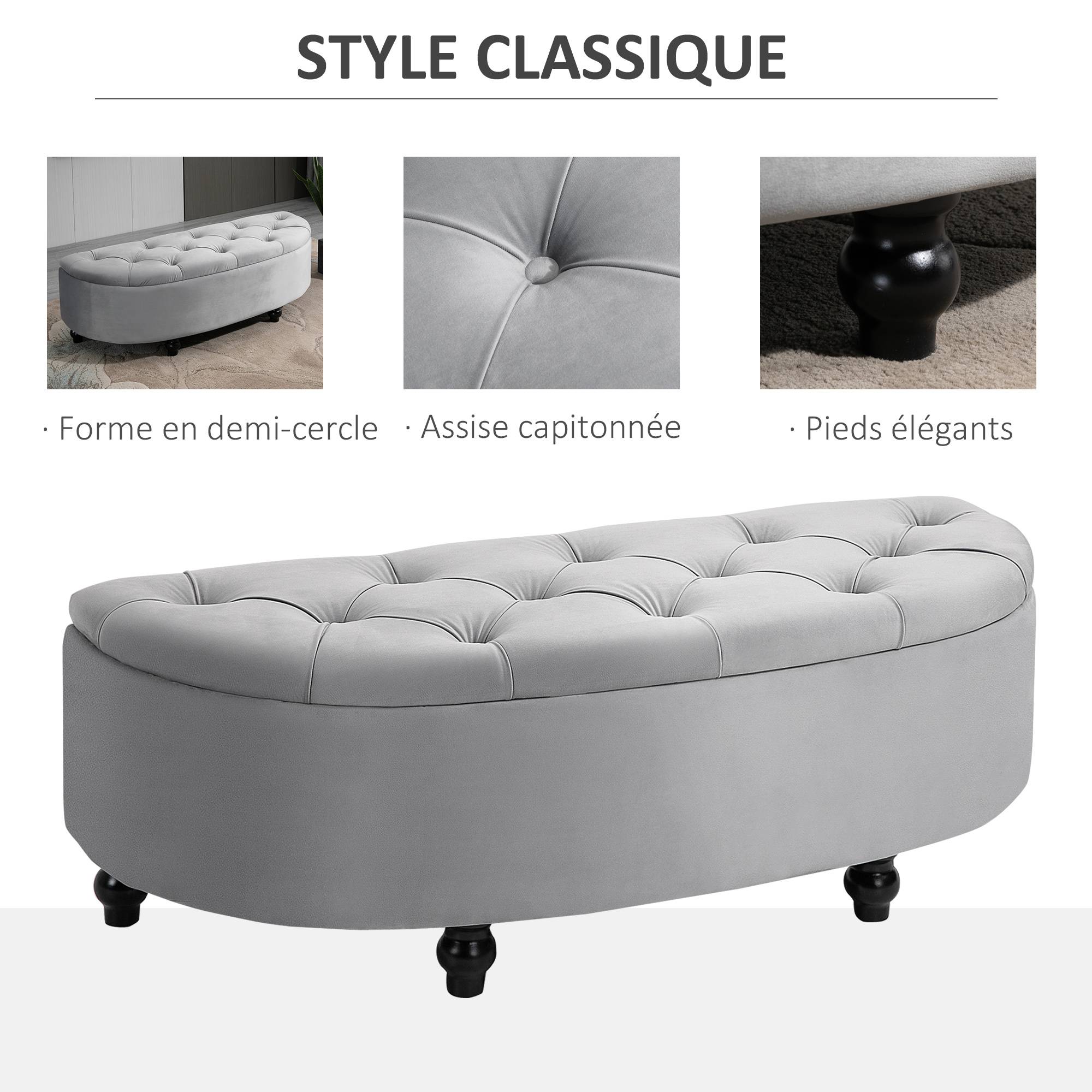 Banc coffre capitonné demi-cercle en velours, pieds en bois d'hévéa, 120 x 46 x 42 cm, gris - Image 6