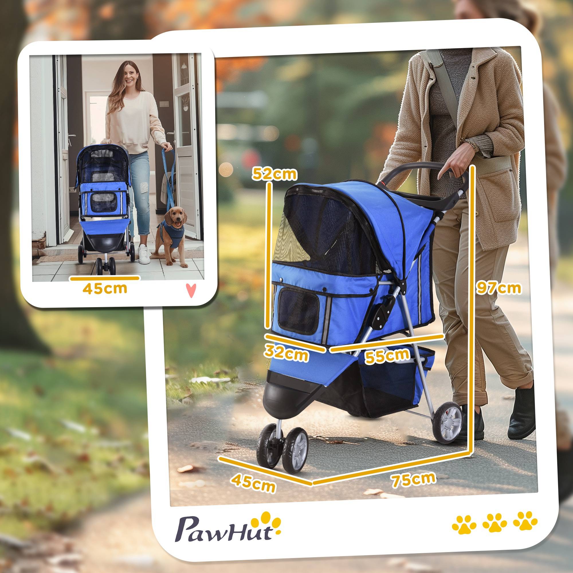 Poussette pour petit chien avec panier de rangement, fenêtres en filet et 2 roues universelles, 75 x 45 x 97 cm, bleue - Image 5