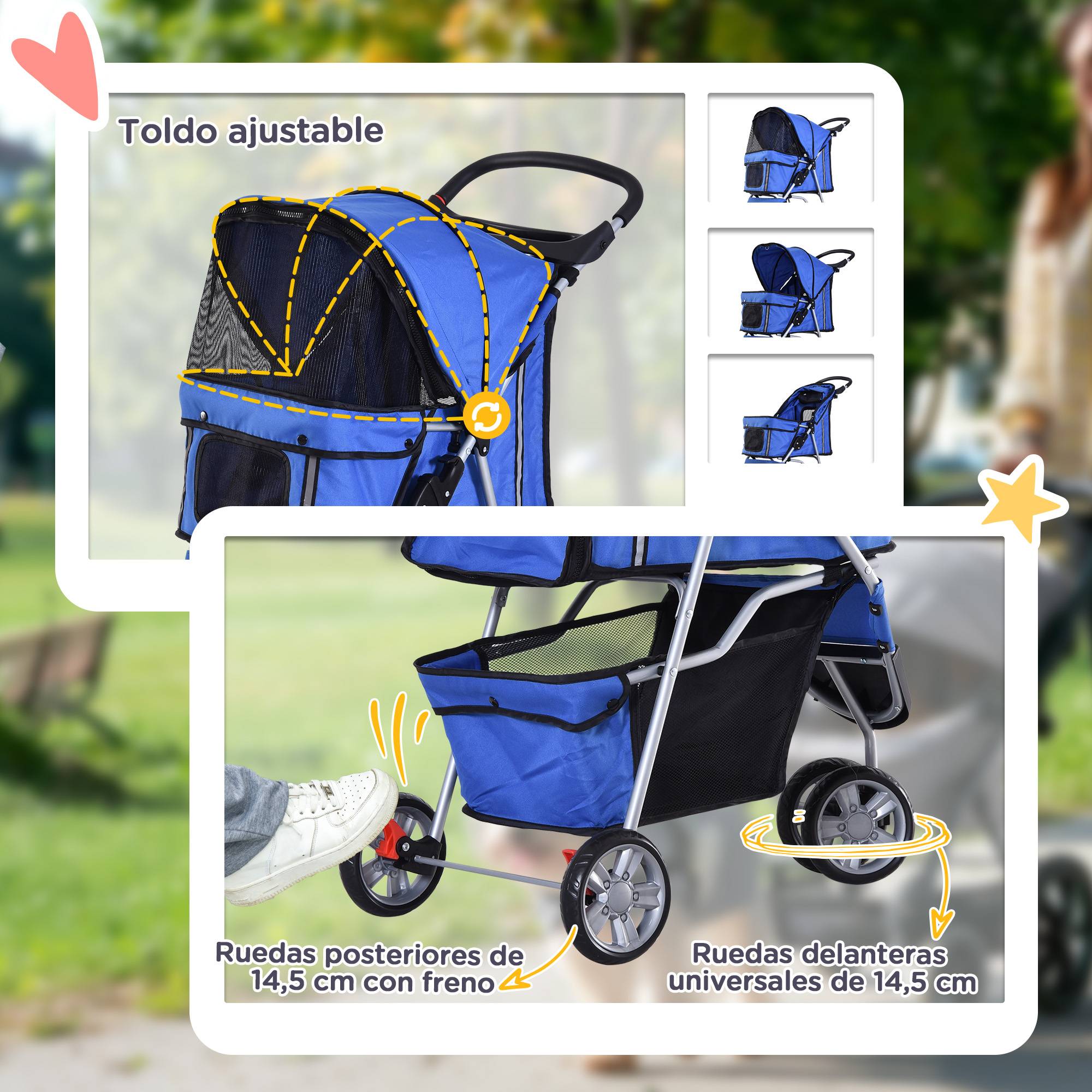 Poussette pour petit chien avec panier de rangement, fenêtres en filet et 2 roues universelles, 75 x 45 x 97 cm, bleue - Image 8
