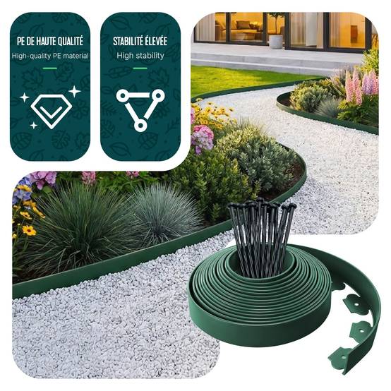 Vounot - Bordure de jardin flexible plastique 20m avec 60 piquets vert - hauteur 5cm - epaisseur 4mm - Image 4