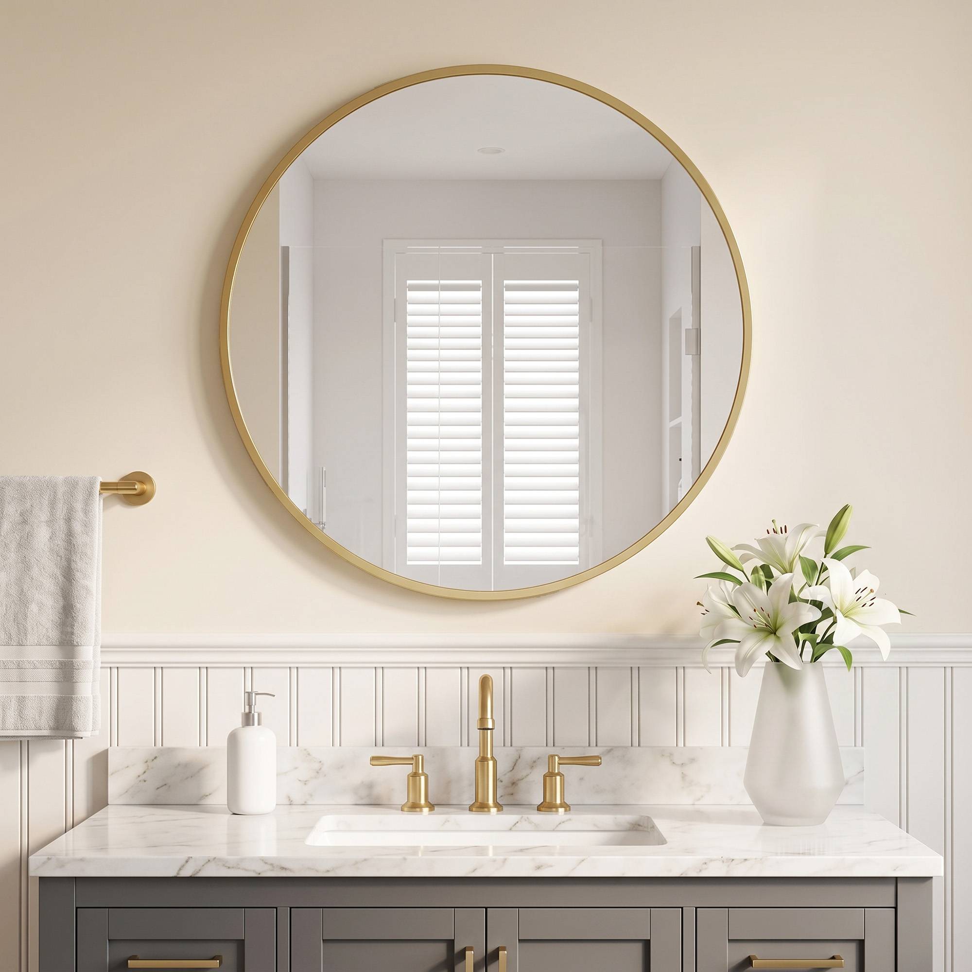 Sans Marque - Miroir mural rond Ø61 cm cadre alliage aluminium salle bain chambre salon couloir doré - Image 3