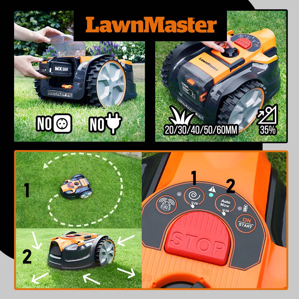 Lawnmaster - Robot tondeuse autonome 24V sans fil périmétrique - Le robot le plus simple du marché + Coupe bordures 24v et 2 batteries. - Image 4