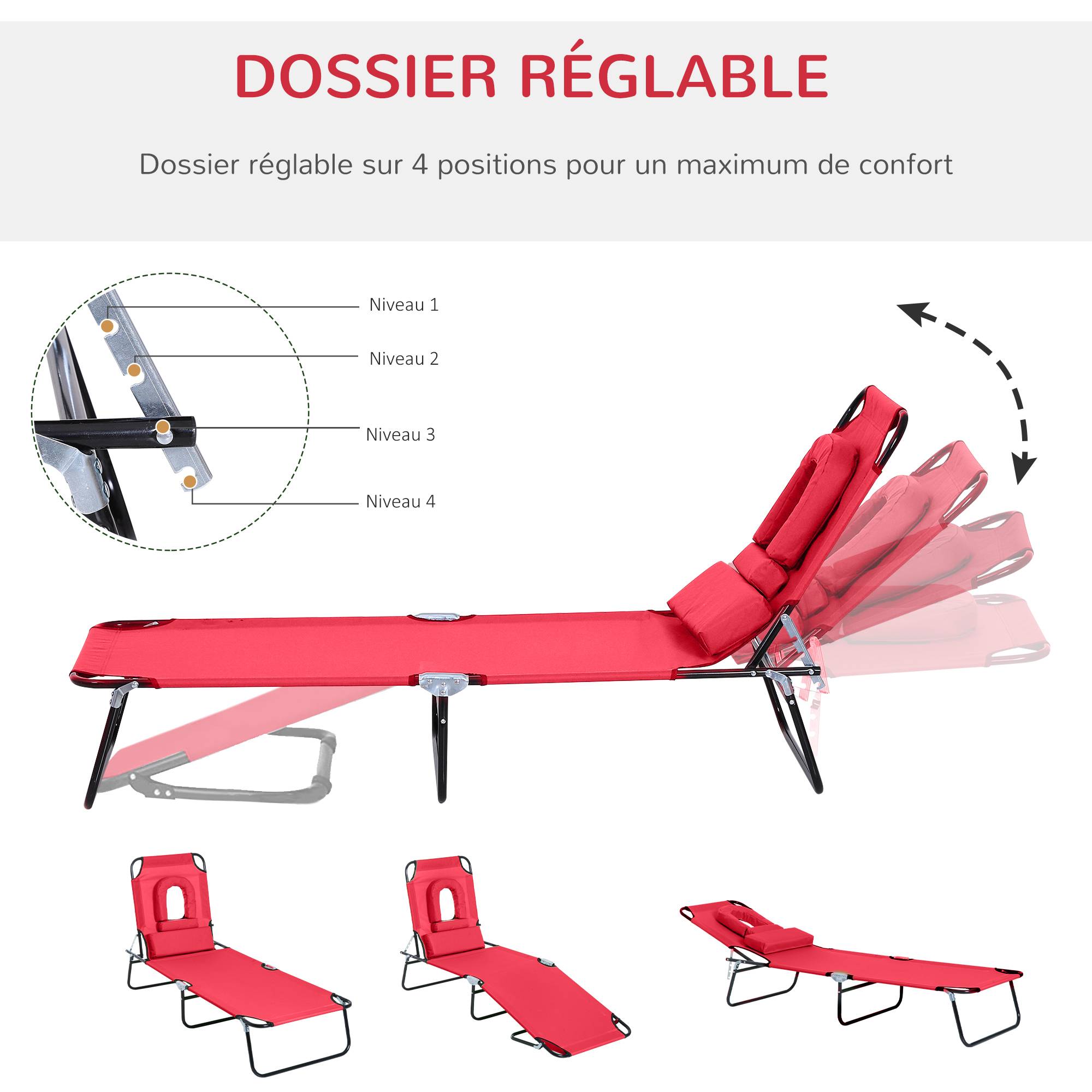 Sans Marque - Bain de Soleil Pliable transat inclinable 4 Positions Chaise Longue 3 Coussins fournis Rouge - Image 6