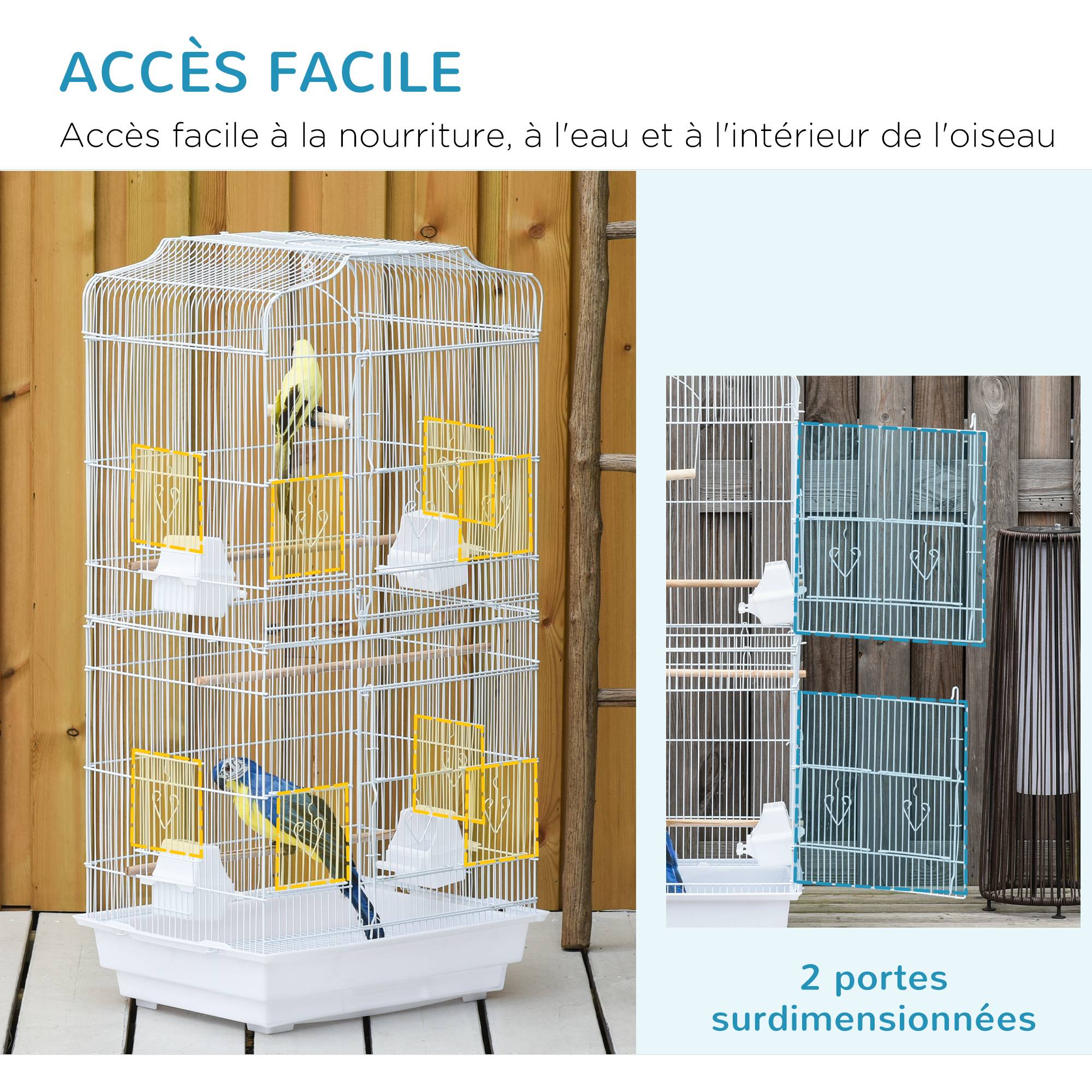 Pawhut - Cage à oiseaux volière avec mangeoires perchoirs plateau amovible 2 portes dim. 46,5L x 35,5l x 92H cm métal blanc - Image 4