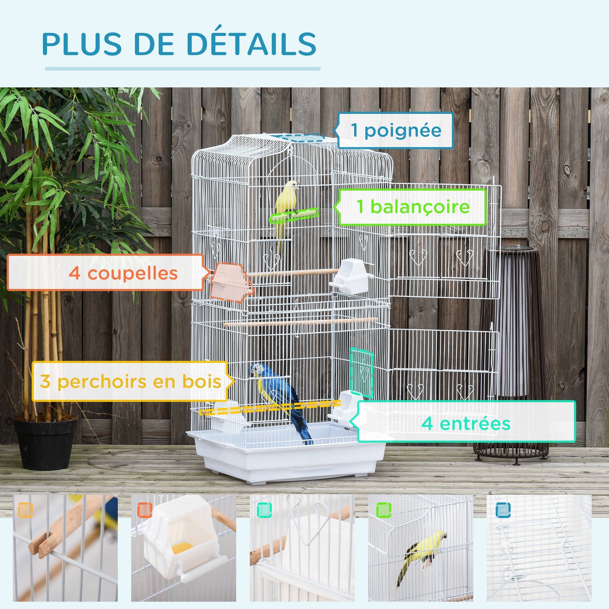 Pawhut - Cage à oiseaux volière avec mangeoires perchoirs plateau amovible 2 portes dim. 46,5L x 35,5l x 92H cm métal blanc - Image 6