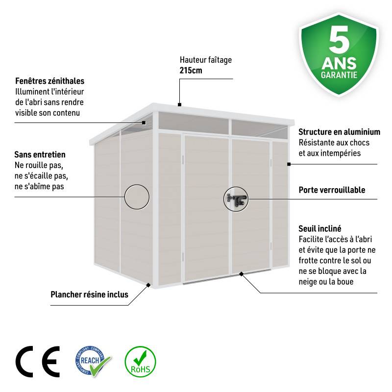 Abri de jardin résine 4,10m² beige toit monopente avec plancher Jôbu - Image 2