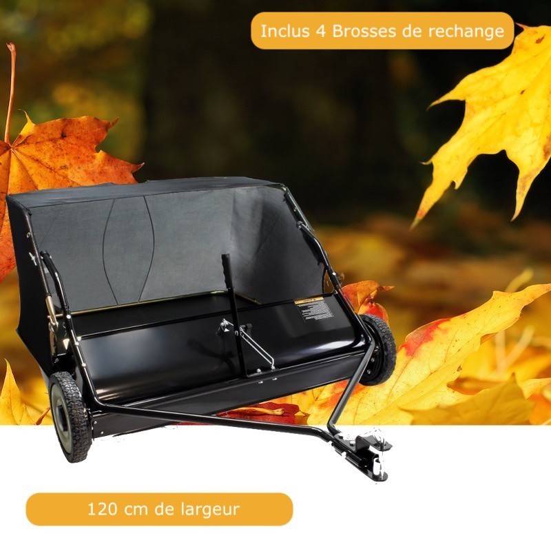 Remorque Ramasse Feuilles - Pelouse 120 cm +  Lot de 4 Brosses De Rechange