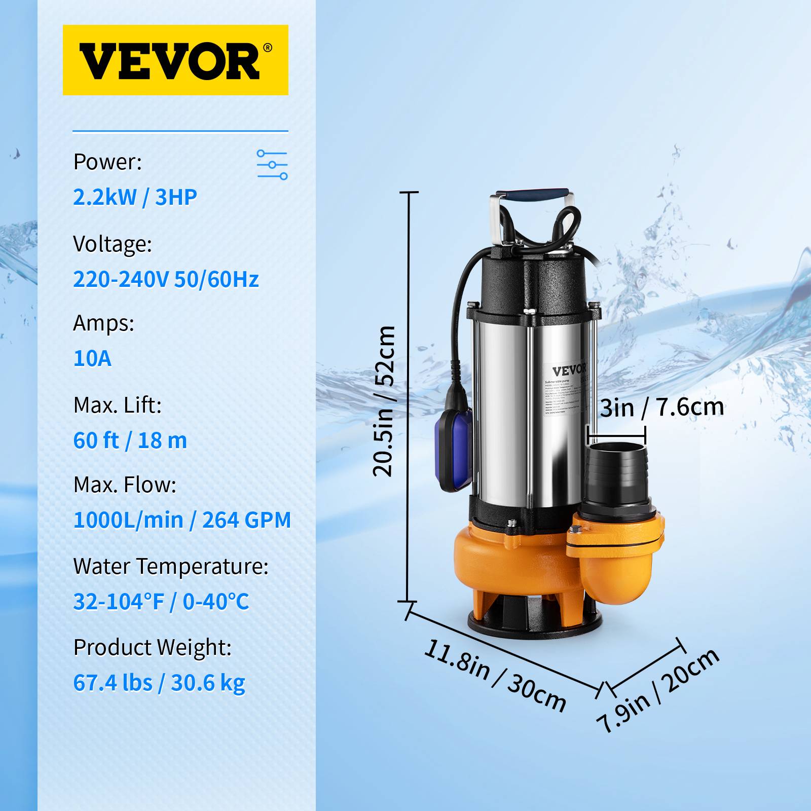 VEVOR Pompe relevage eaux chargées 2200W, 1000 L/min, submersible, pour piscine, cave, eaux usées. - Image 7