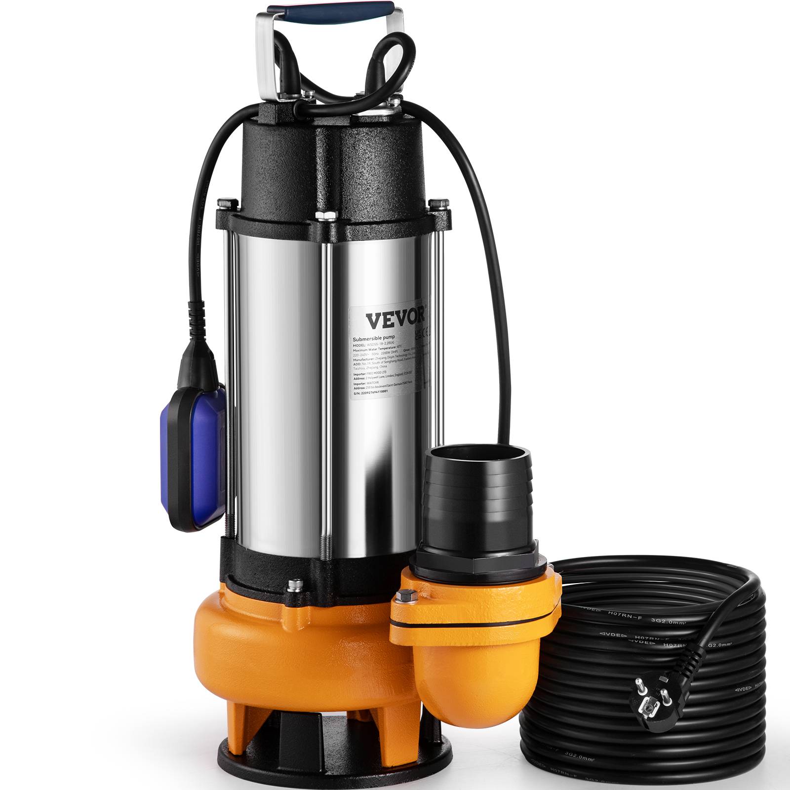 VEVOR Pompe relevage eaux chargées 2200W, 1000 L/min, submersible, pour piscine, cave, eaux usées.